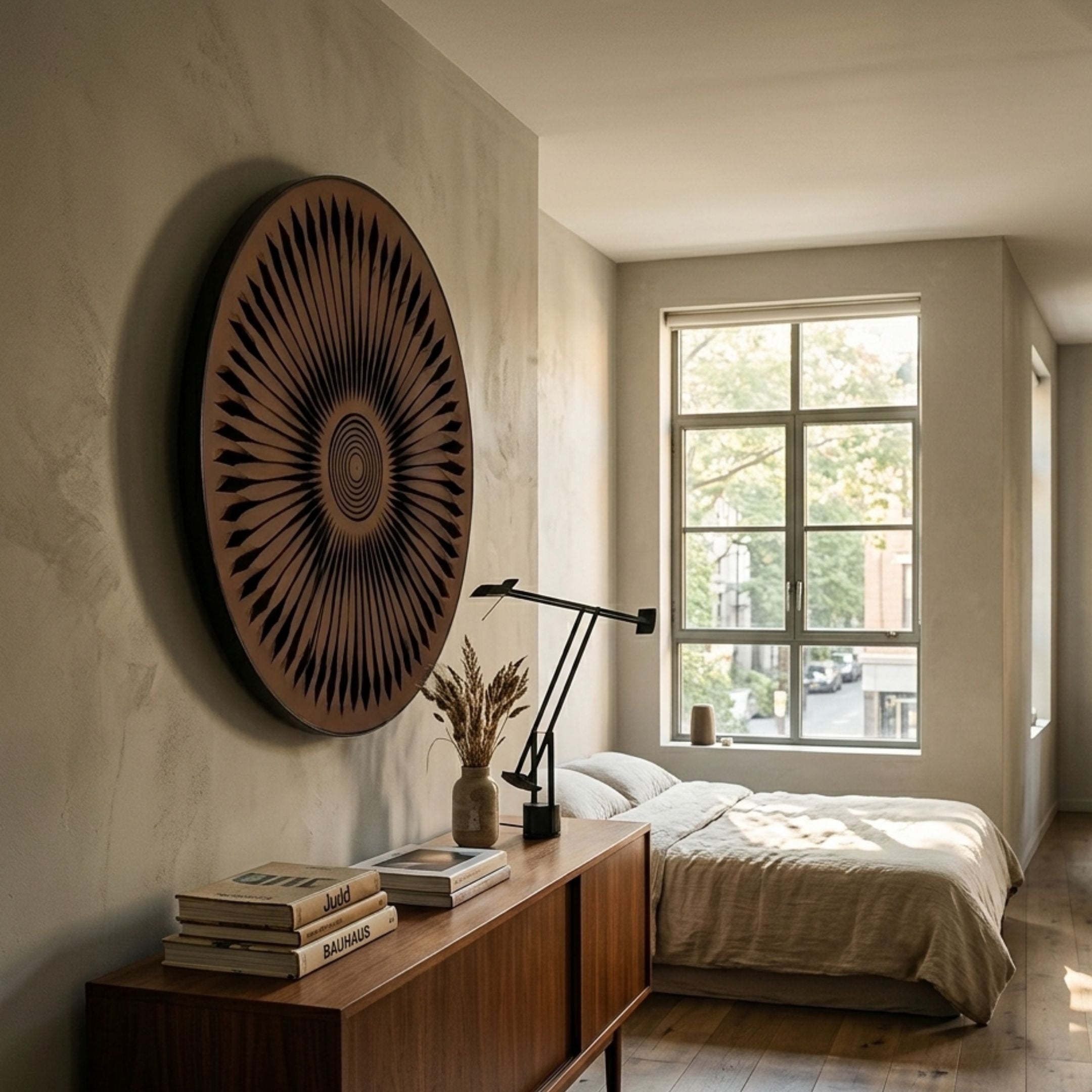 Centriva Brown I Folded Leather Round 3D Wall Art by Giant Sculptures mounted above a walnut sideboard in a sunlit bedroom with linen bedding and window.