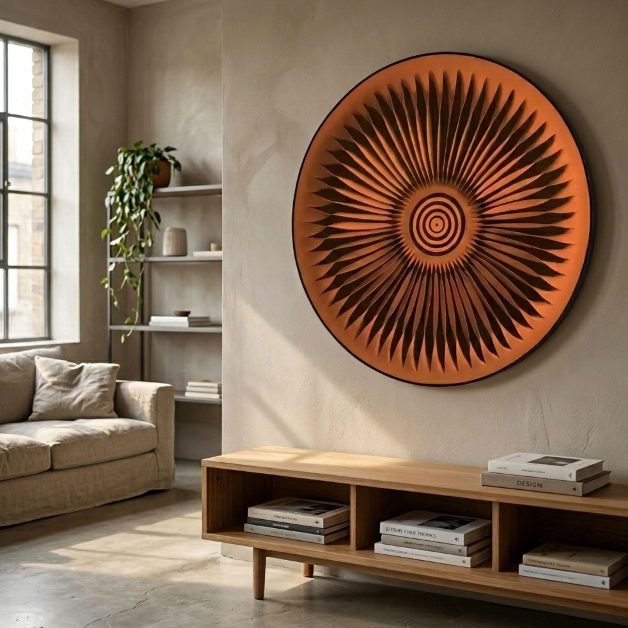 Centriva Orange I Folded Leather Round 3D Wall Art by Giant Sculptures mounted above a wooden console in a neutral living room with linen sofa.