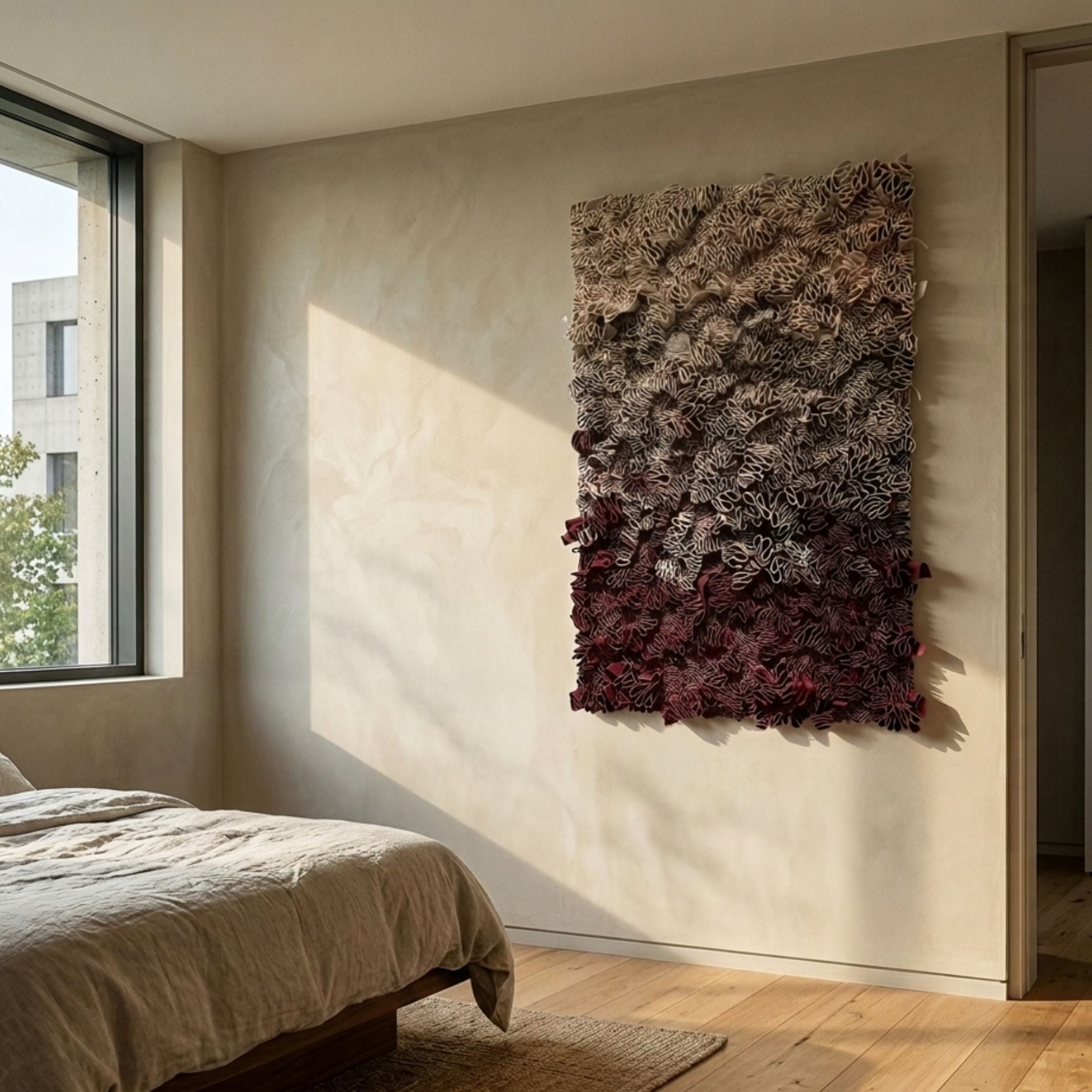 Liora Plum Ombre Ribbon Leather 3D Wall Art by Giant Sculptures displayed in a sunlit bedroom, transitioning from taupe at top to deep burgundy below.