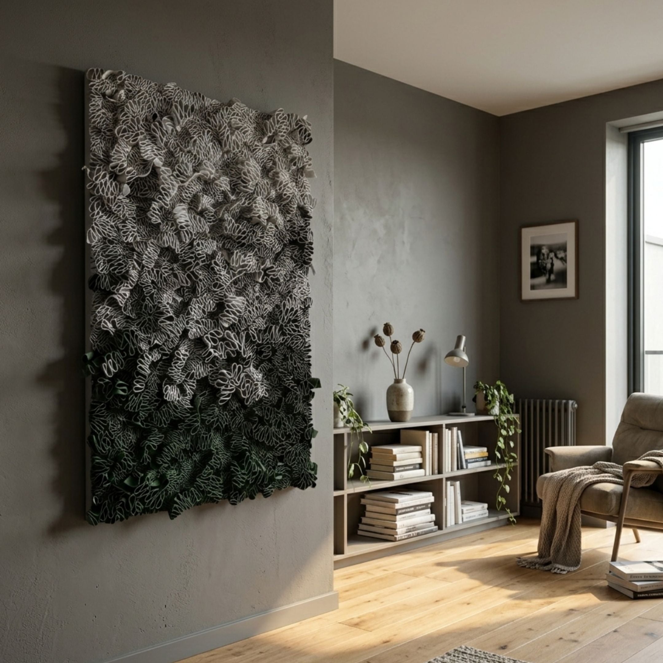 Liora Green Ombre Ribbon Leather 3D Wall Art by Giant Sculptures mounted on a grey wall in a modern living room with a low bookshelf, armchair, and oak floor.