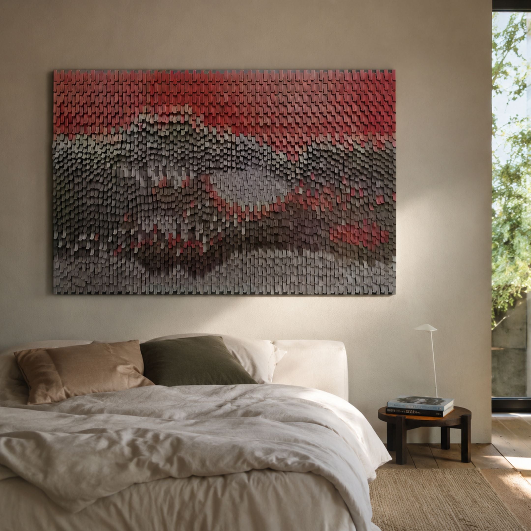 Varentis Red Ombre Layered Leather 3D Wall Art by Giant Sculptures mounted above a cream bed with linen bedding, dark wood side table, and garden window.