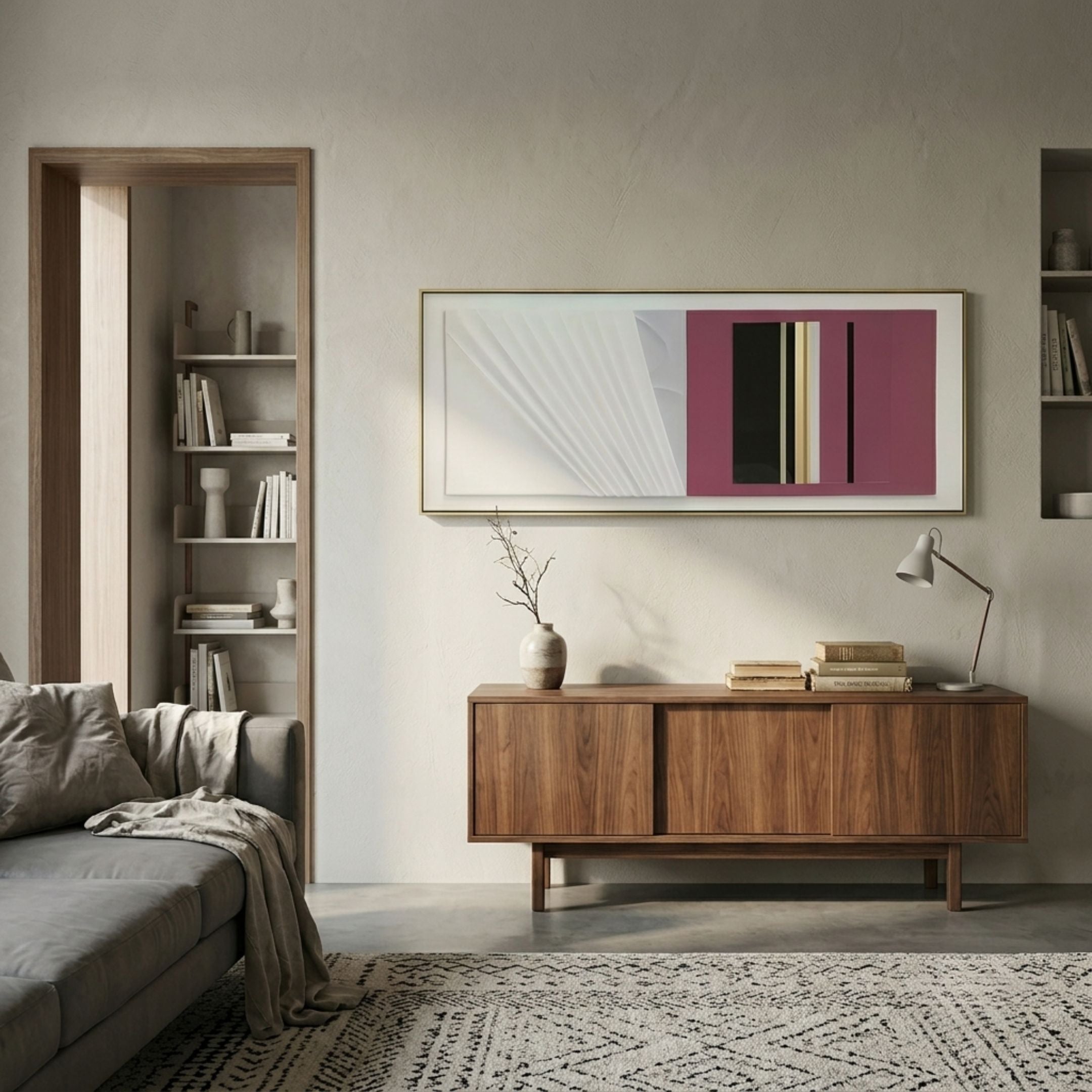 Velvaris Pink & White Panelled Leather 3D Wall Art by Giant Sculptures mounted above a walnut sideboard in a neutral living room with grey sofa.