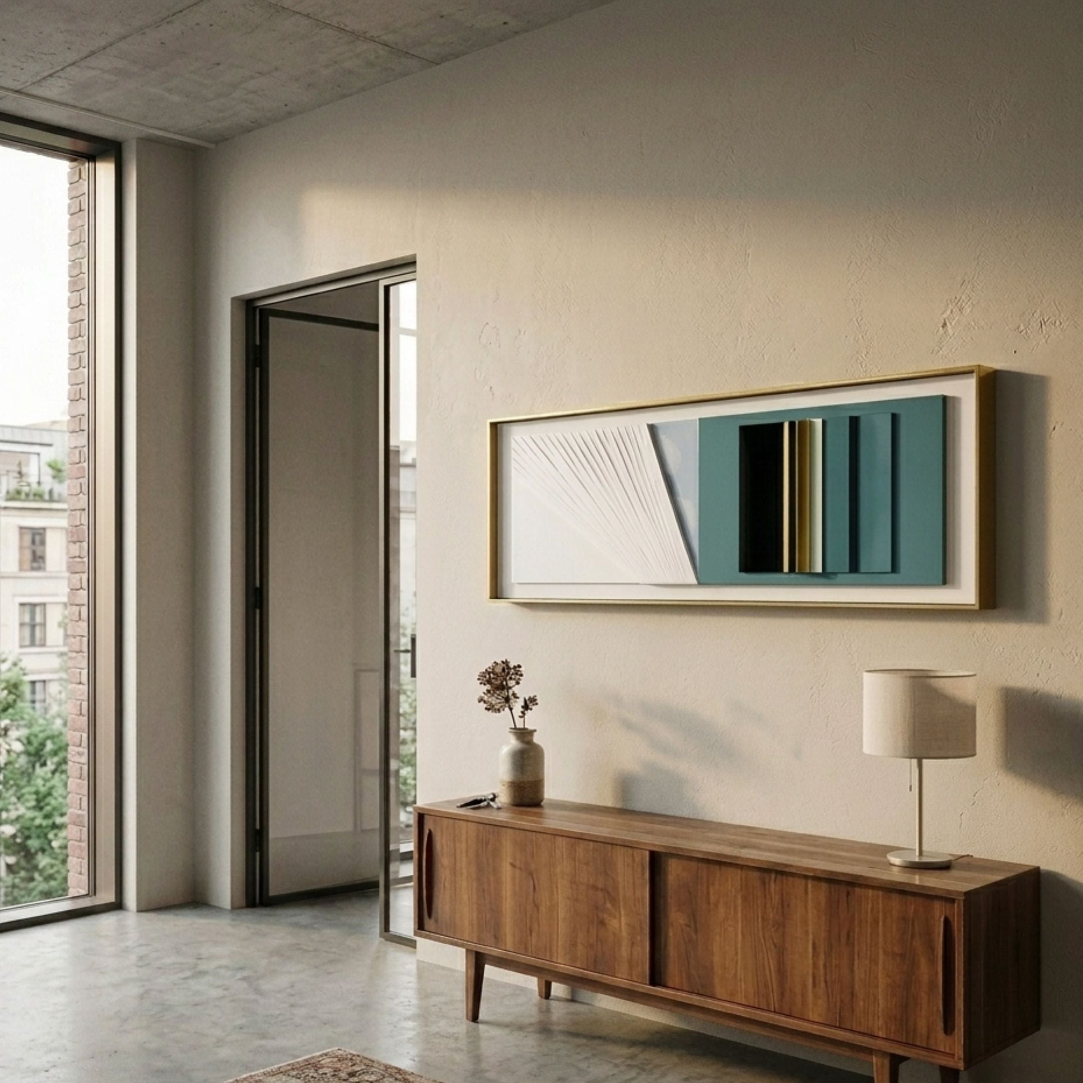 Velvaris Teal & White Panelled Leather 3D Wall Art mounted above a mid-century walnut sideboard with lamp and vase in a sunlit concrete-ceilinged hallway.