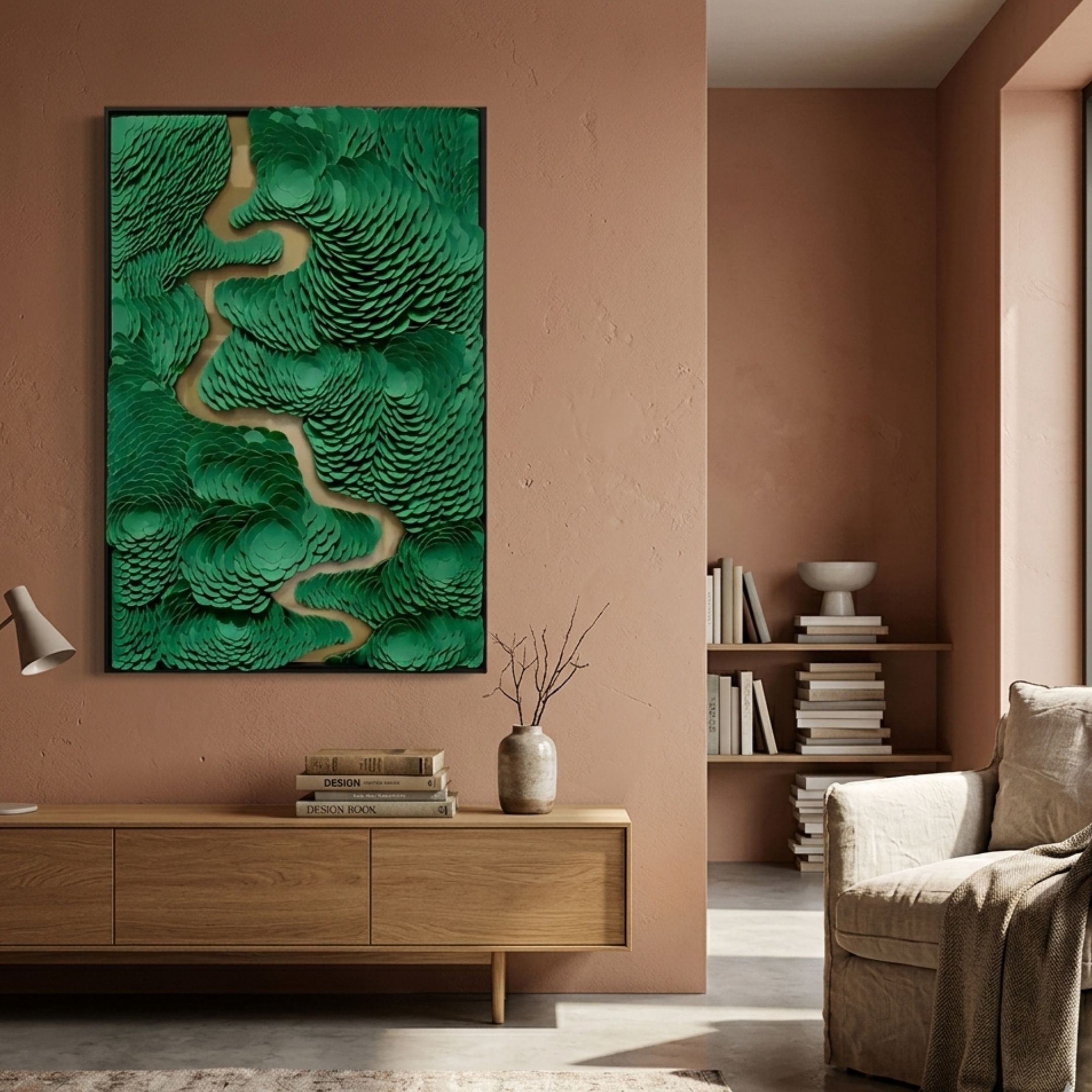 Virethra Green Layered Leather & Mirror 3D Wall Art by Giant Sculptures displayed above a wooden console in a terracotta-walled living room.