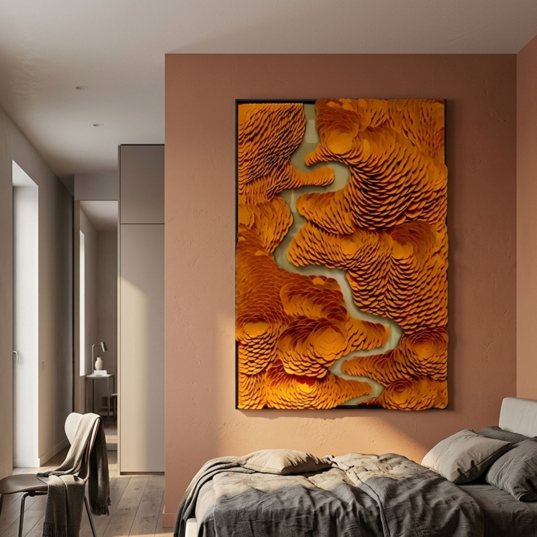Virethra Orange Layered Leather & Mirror 3D Wall Art mounted on a terracotta bedroom wall above a grey linen bed, beside a hallway view.