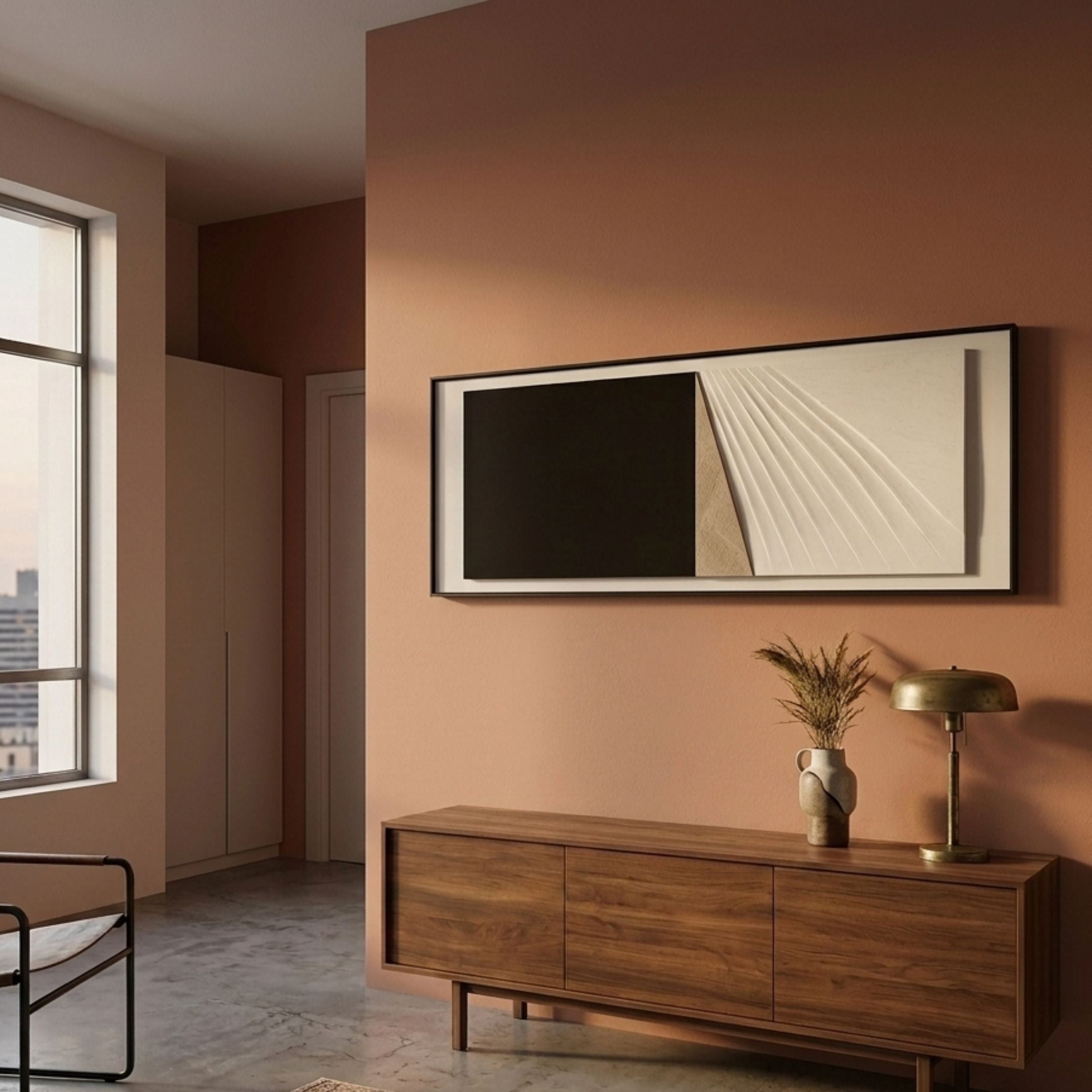 Ventura Mocha & White Fold Leather 3D Wall Art by Giant Sculptures mounted above a walnut sideboard with brass lamp in a warm terracotta-toned room.