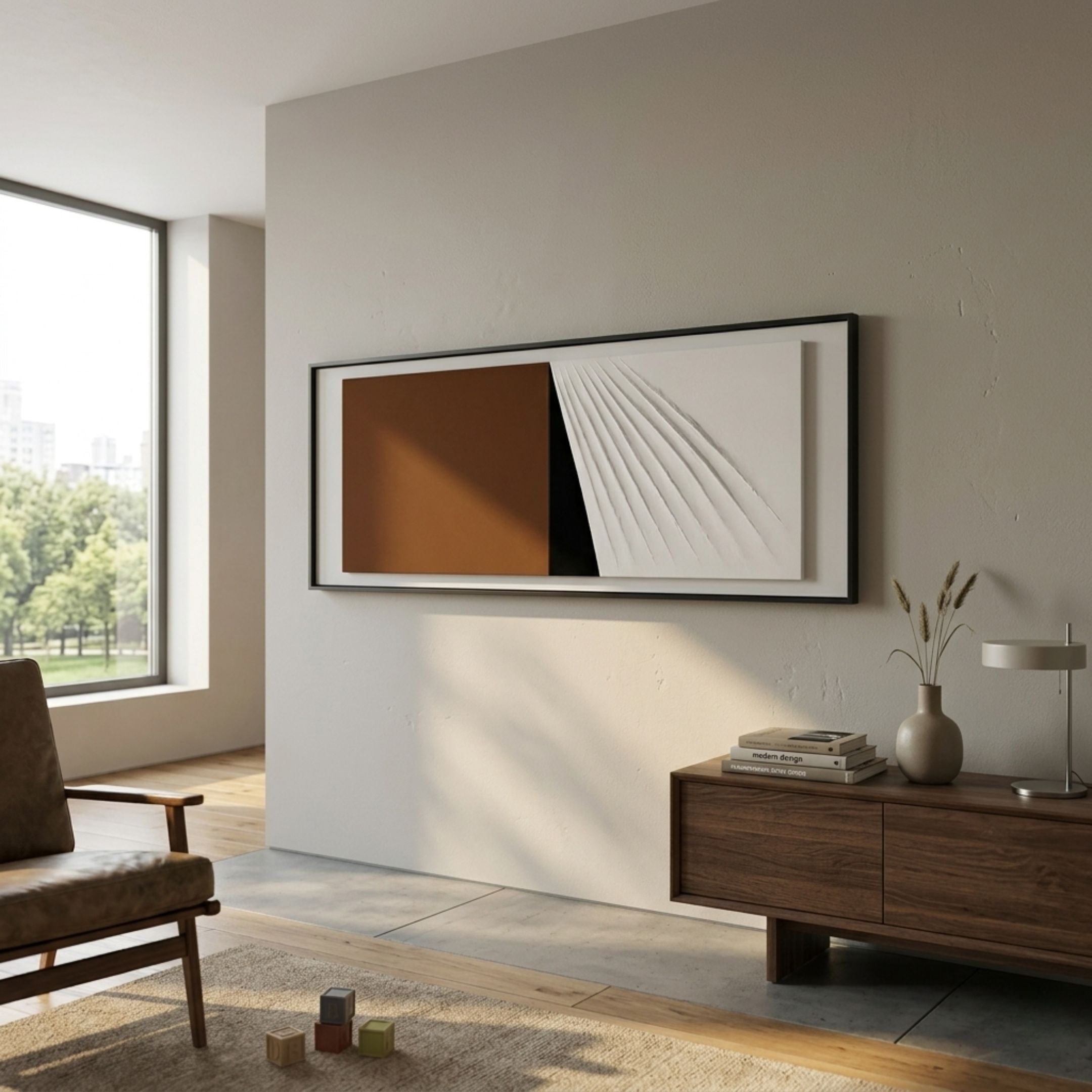 Ventura Rust & White Fold Leather 3D Wall Art by Giant Sculptures mounted on a pale wall above a walnut sideboard in a modern living room with leather chair.