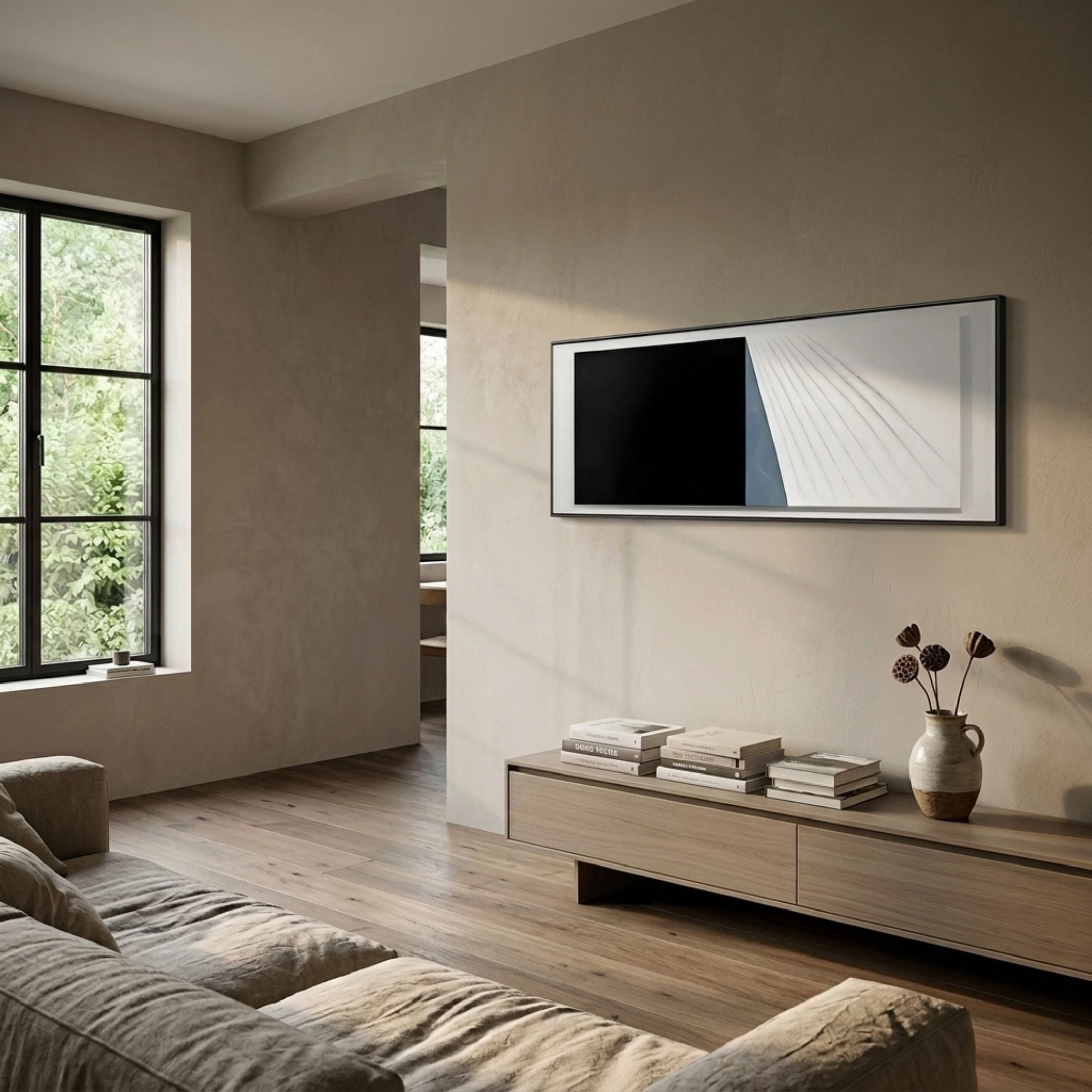Ventura Charcoal & White Fold Leather 3D Wall Art by Giant Sculptures mounted above a low oak console with books in a sunlit modern living room.