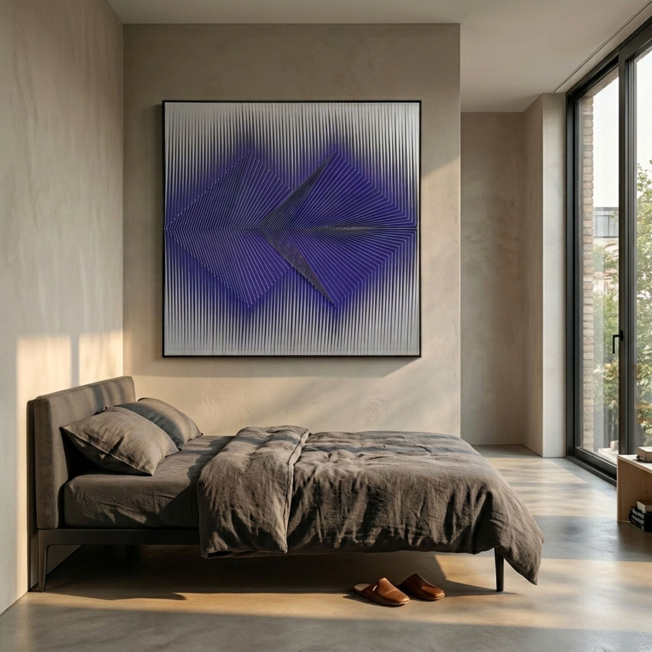 Vectra Purple Chevron Gradient Leather 3D Wall Art by Giant Sculptures displayed above a linen-dressed bed in a sunlit minimalist bedroom beside floor-to-ceiling windows.