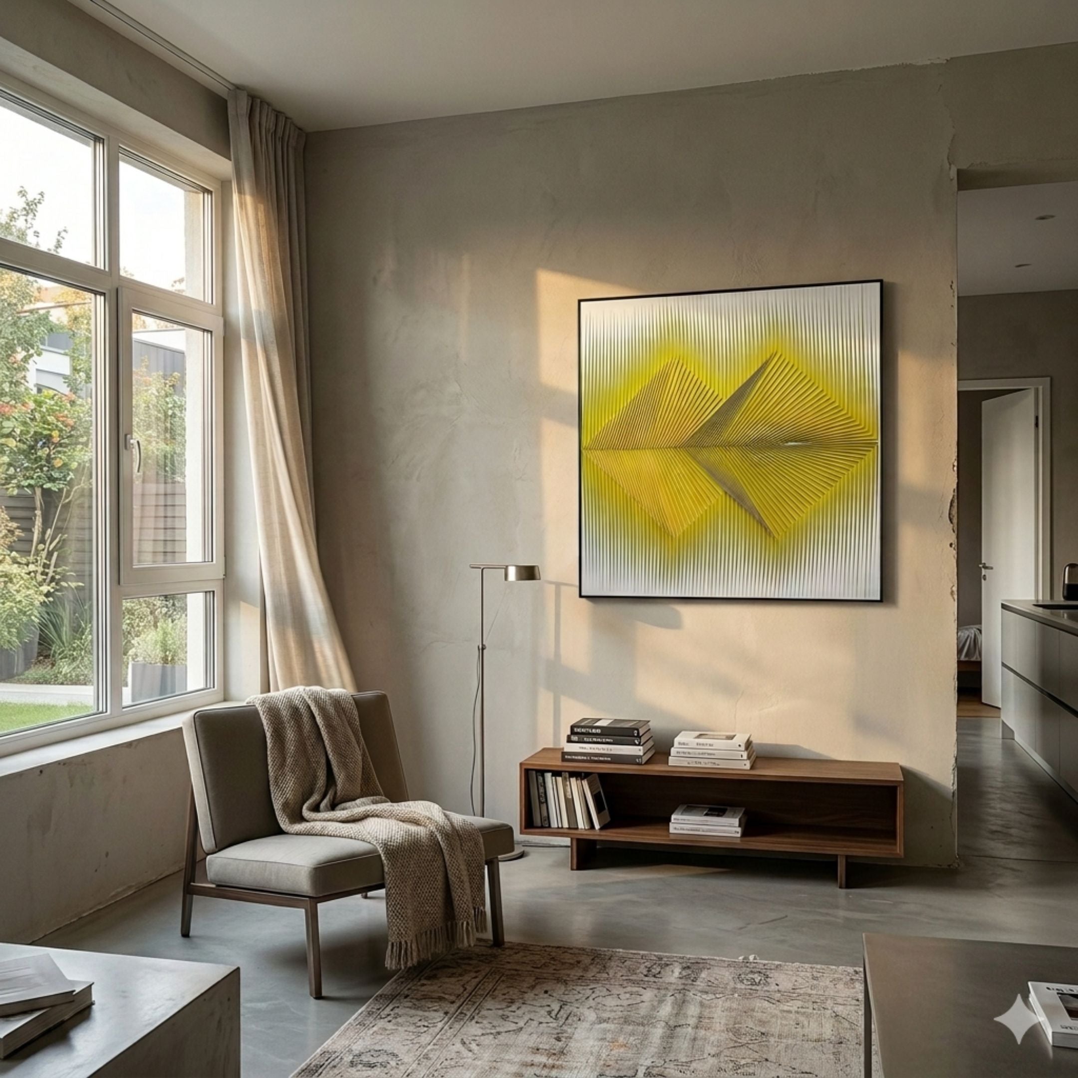 Vectra Yellow Chevron Gradient Leather 3D Wall Art by Giant Sculptures displayed above a wooden console in a modern living room with armchair and window.