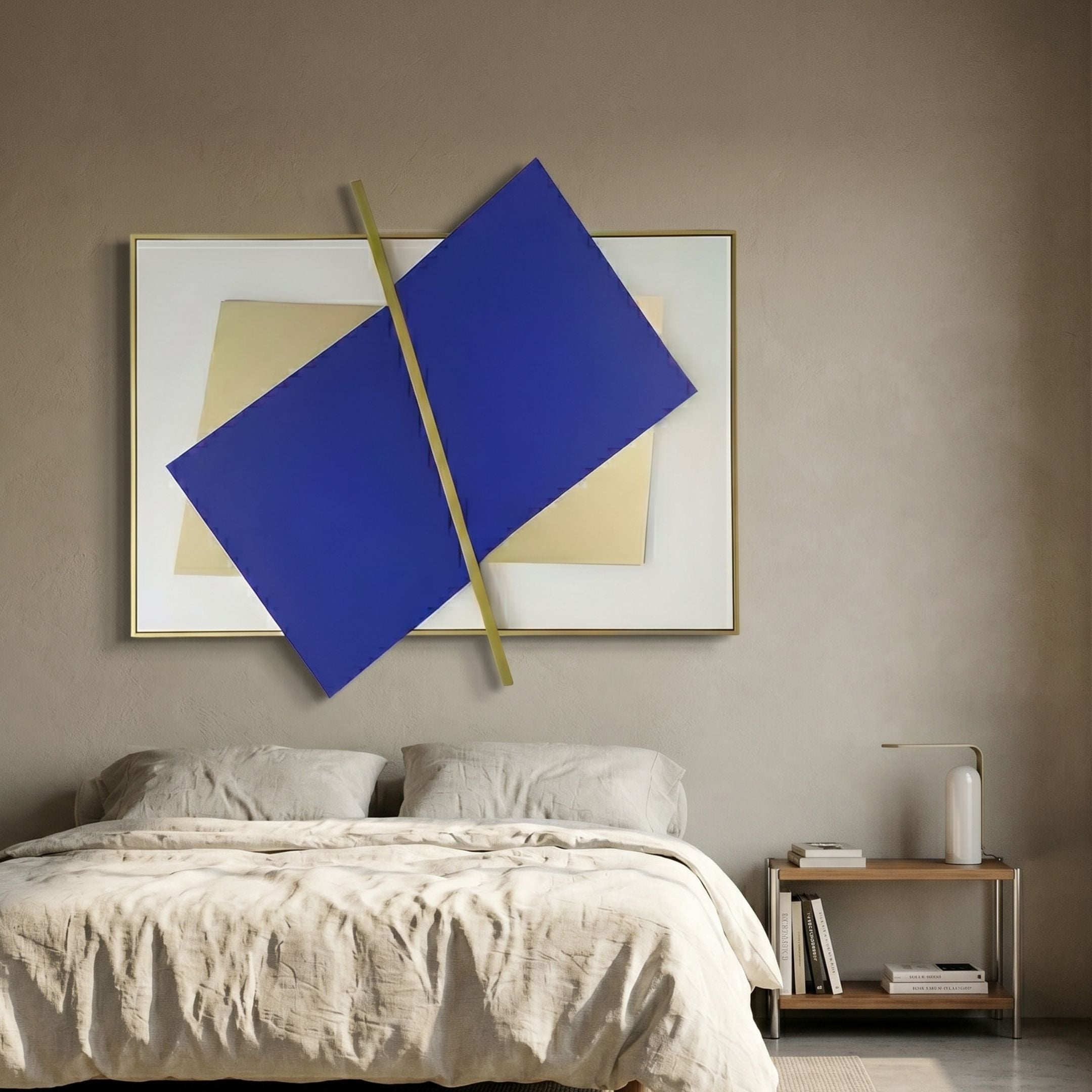 Vectura Blue & Cream Leather Horizontal 3D Wall Art with diagonal cobalt blue and cream panels in a brushed gold frame, mounted above a linen bed.
