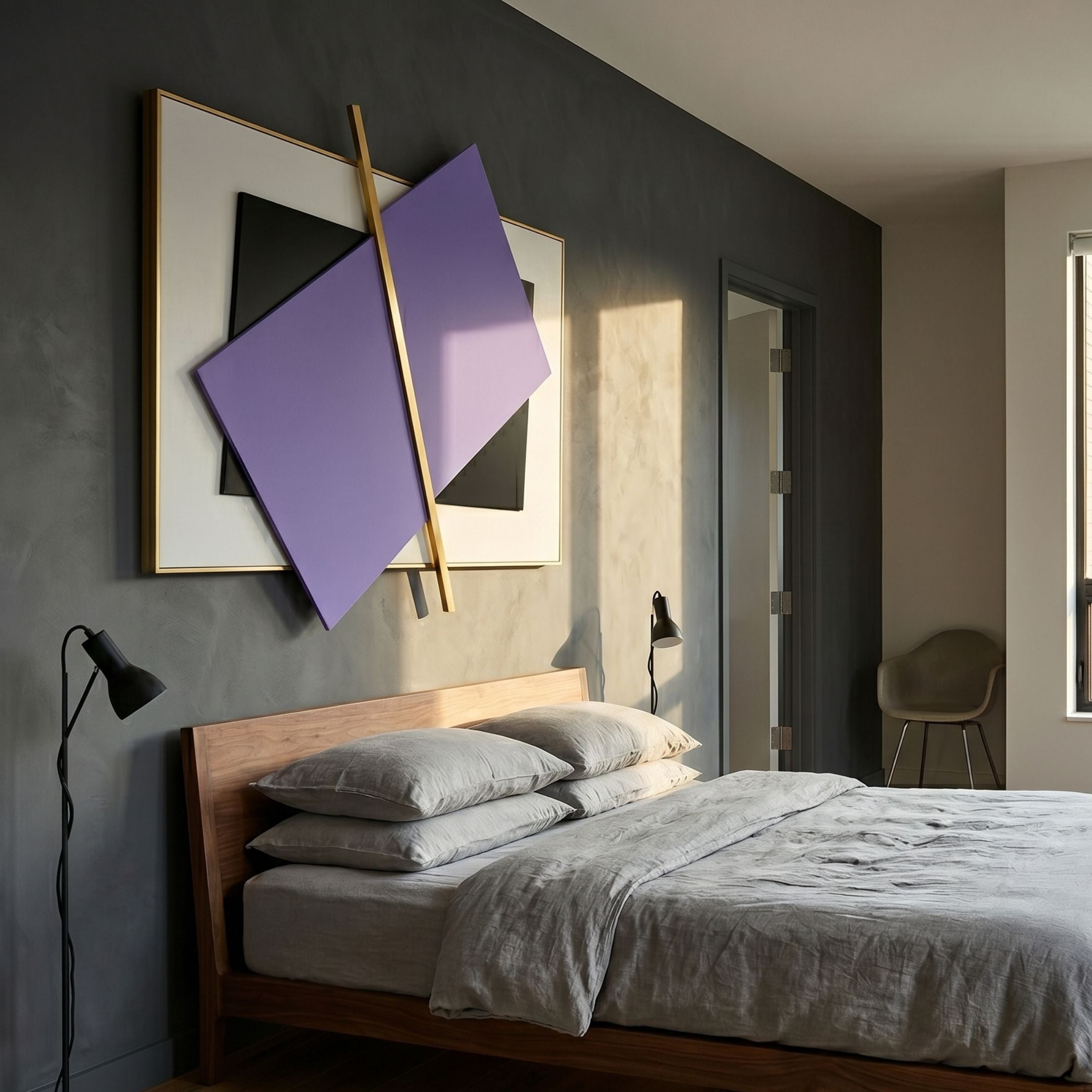 Vectura Purple & Black Leather Horizontal 3D Wall Art by Giant Sculptures displayed above a wood bed with grey linens in a modern grey bedroom.