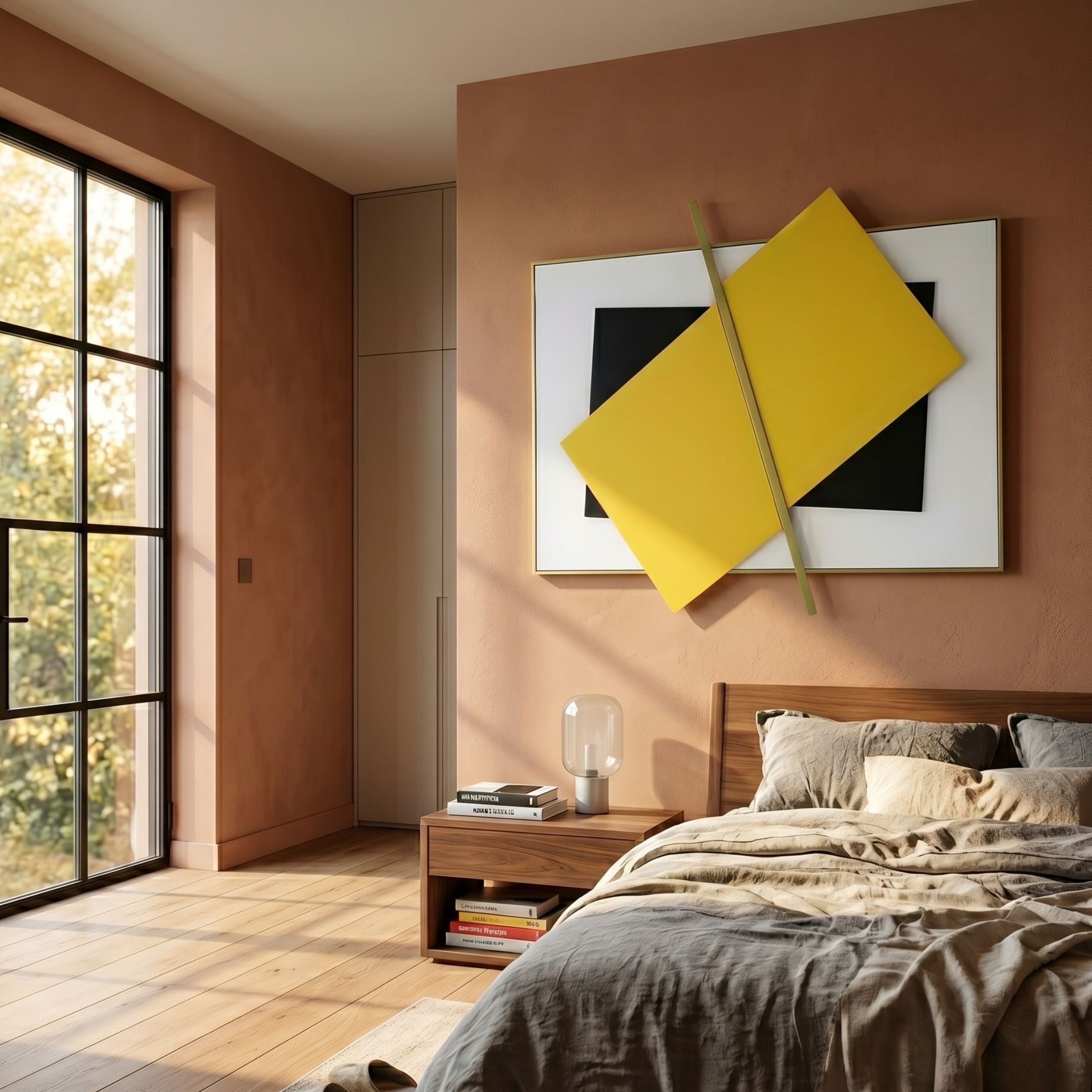 Vectura Yellow & Black Leather Horizontal 3D Wall Art by Giant Sculptures mounted above a wooden bed and nightstand on a warm terracotta bedroom wall.