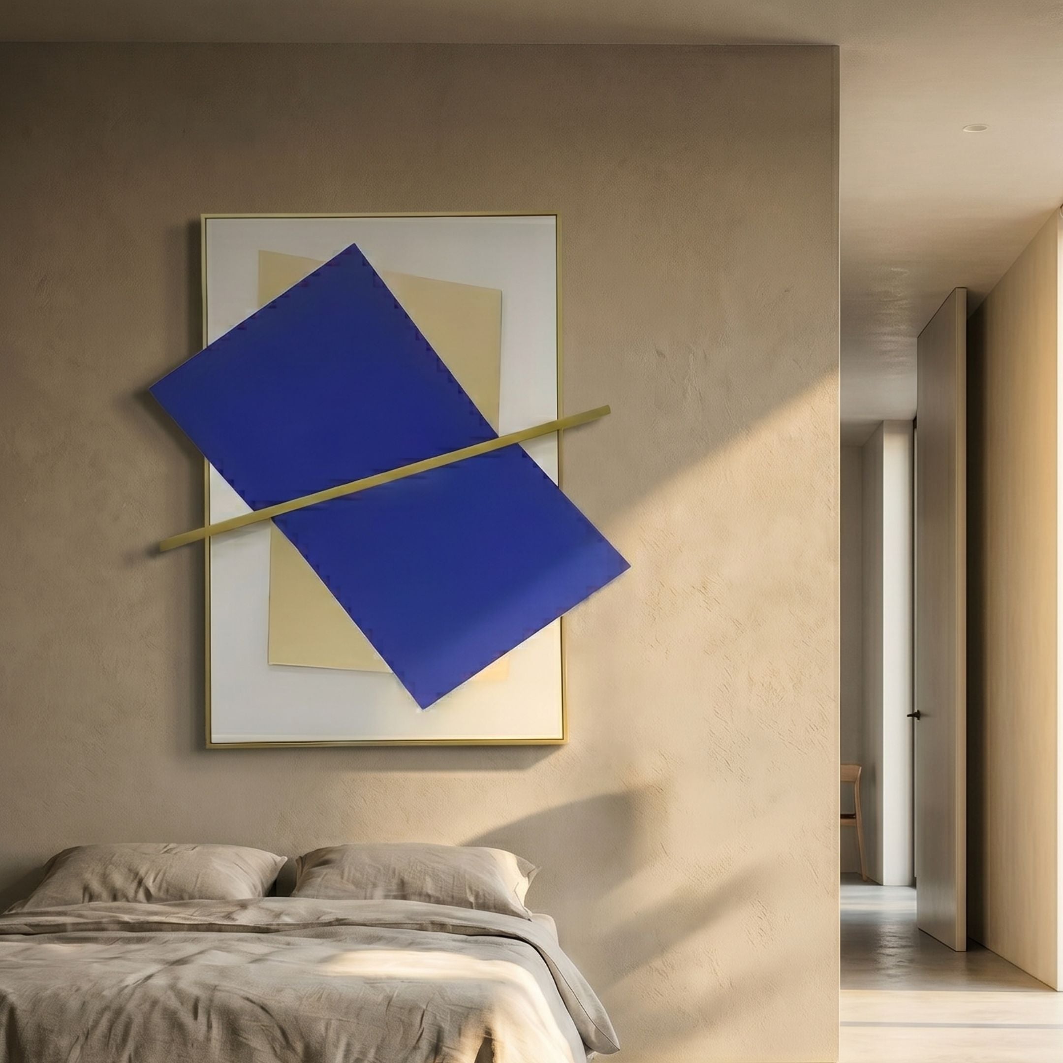 Vectura Blue & Cream Leather Vertical 3D Wall Art by Giant Sculptures mounted above a linen-dressed bed, with cobalt panels and a diagonal gold bar.