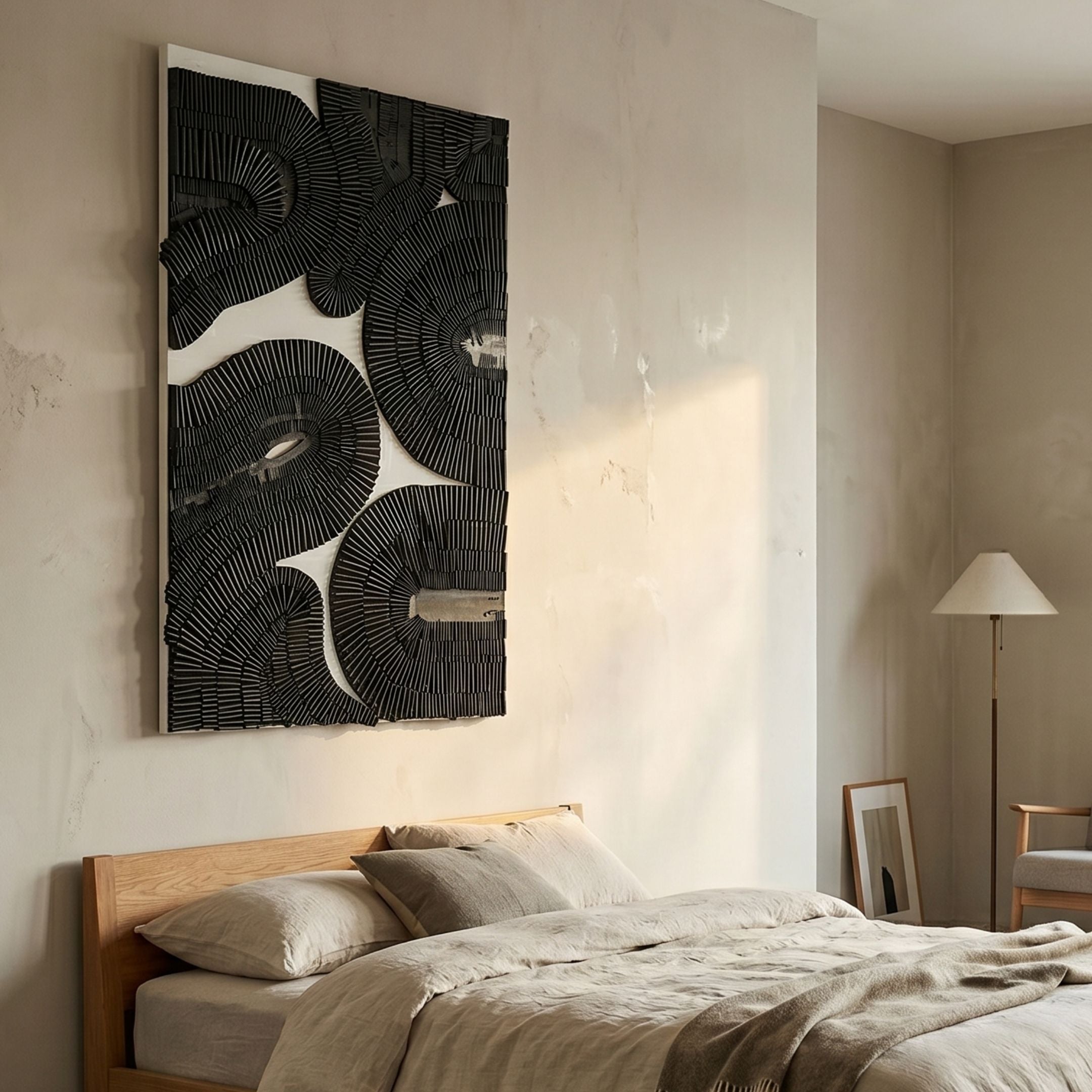 Noctura II Black & White Leather 3D Wall Art by Giant Sculptures mounted above a wooden bed with linen bedding, beside a floor lamp in a neutral bedroom.