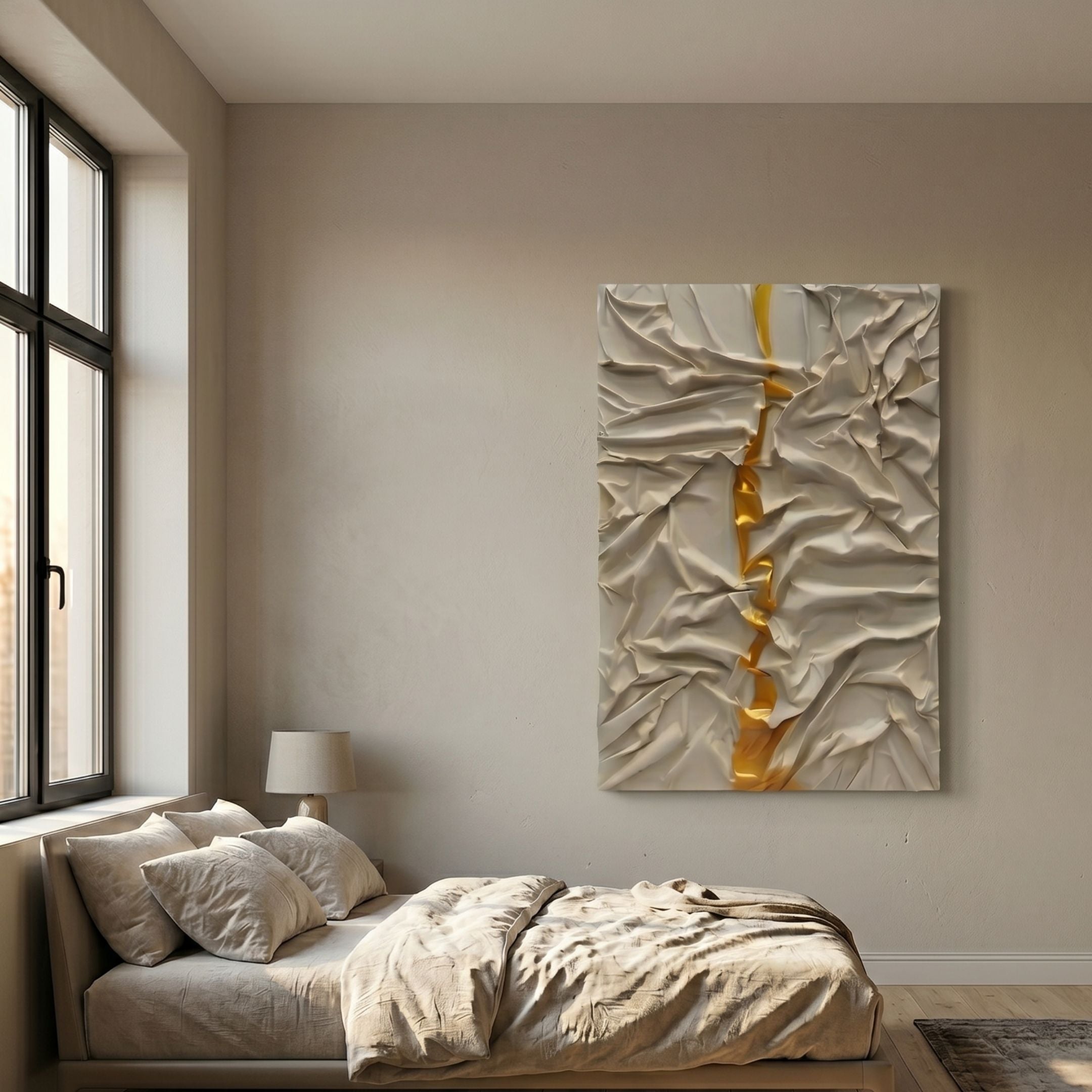 Cravyrn Beige & Gold Leather Hand-Painted 3D Wall Art mounted above a low bed with linen bedding in a neutral bedroom beside a tall window.