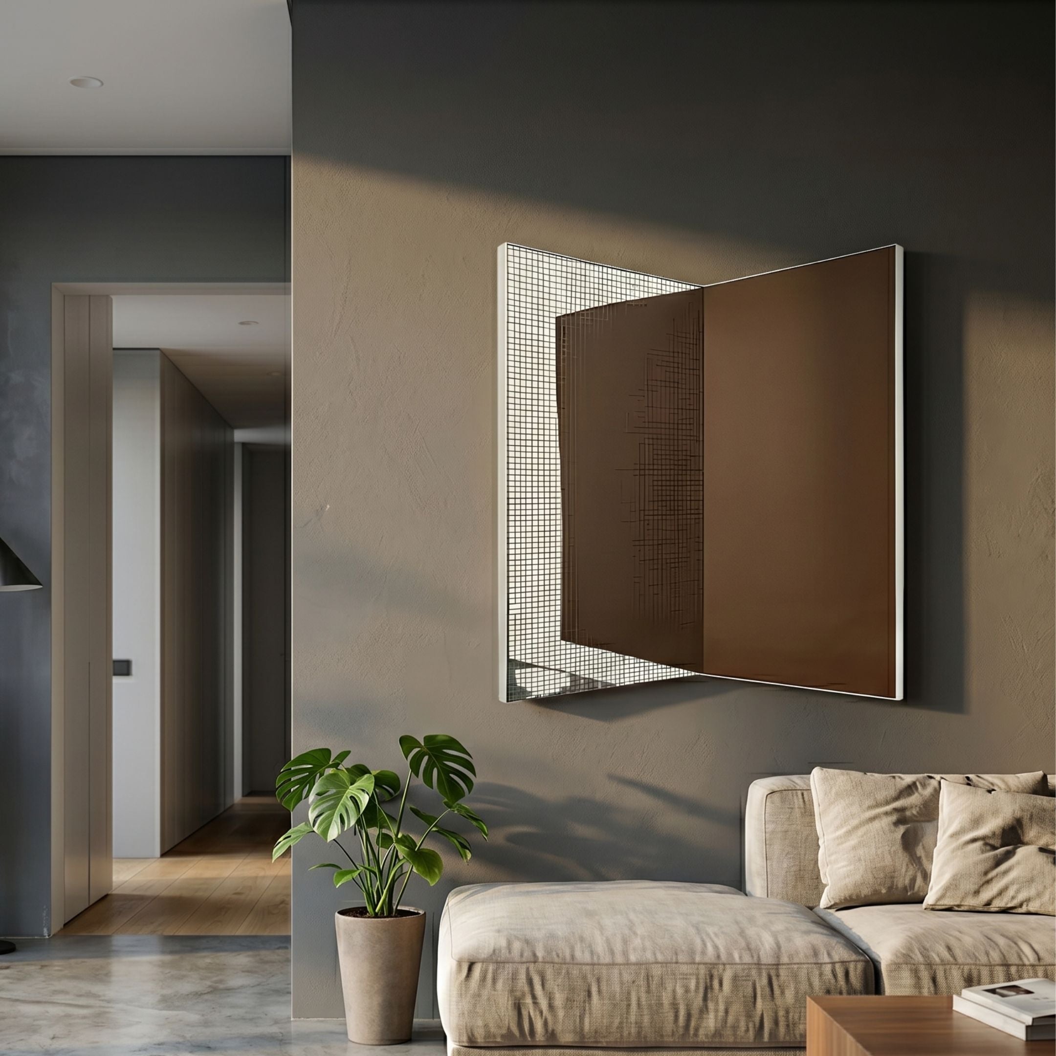 Grilith Chestnut Grid Mirror Dual Panel 3D Wall Art by Giant Sculptures in a V-fold, pairing chestnut leather with a grid-etched mirror above a modern beige sofa.