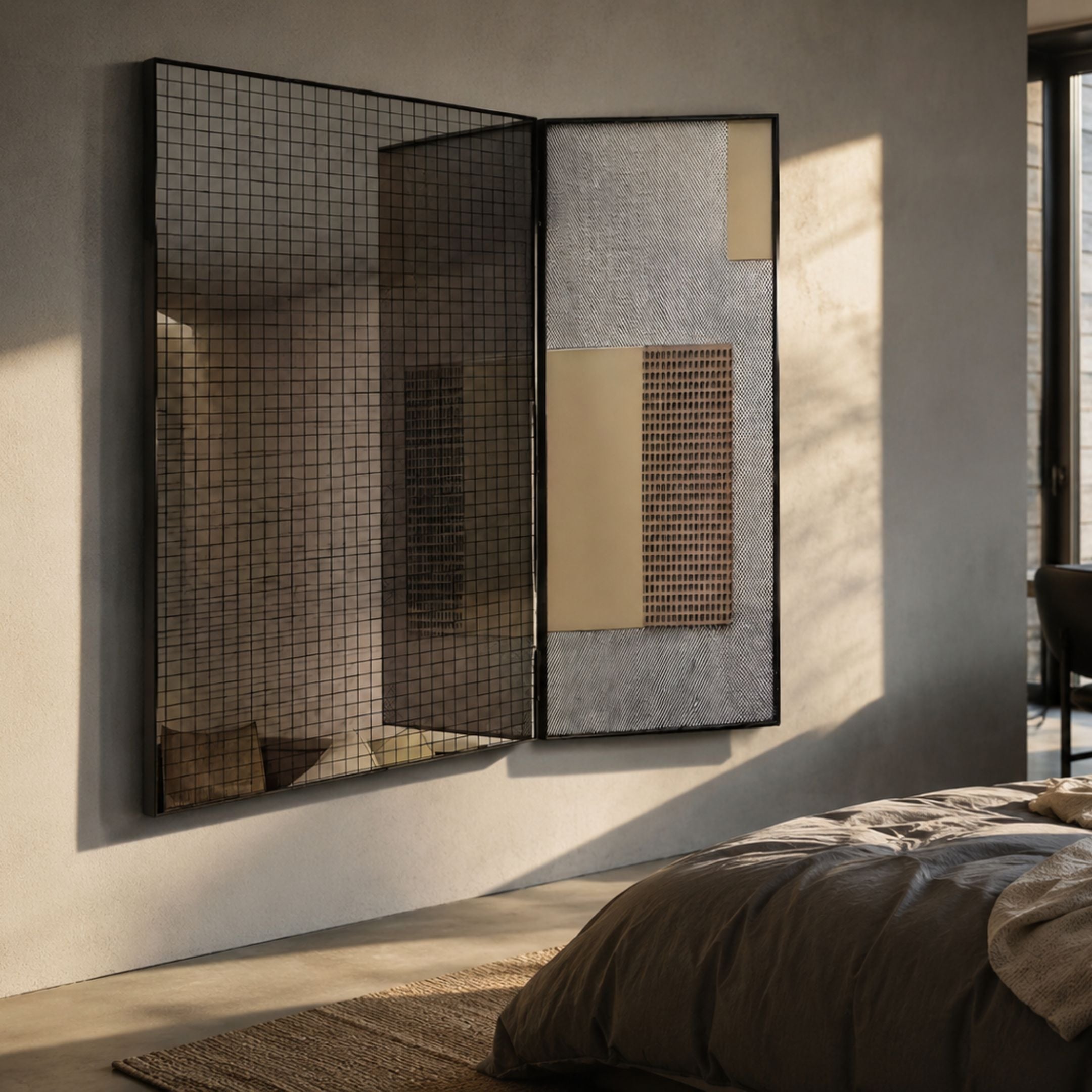 Grilith Bronze Grid Mirror Dual Panel 3D Wall Art by Giant Sculptures, hinged mirrored grid and bronze relief panels mounted above a bed in a sunlit bedroom.