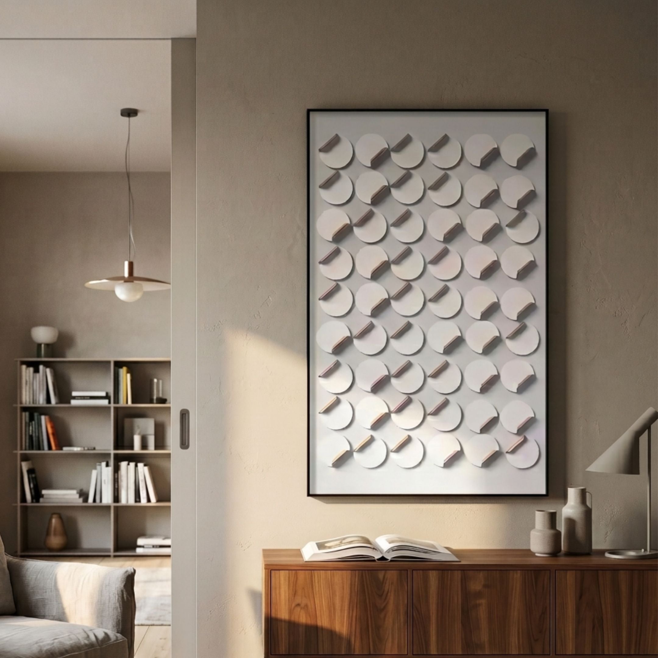 Cirquon White Leather Curl Disc 3D Wall Art by Giant Sculptures in a black frame, displayed above a walnut sideboard in a neutral modern living room.