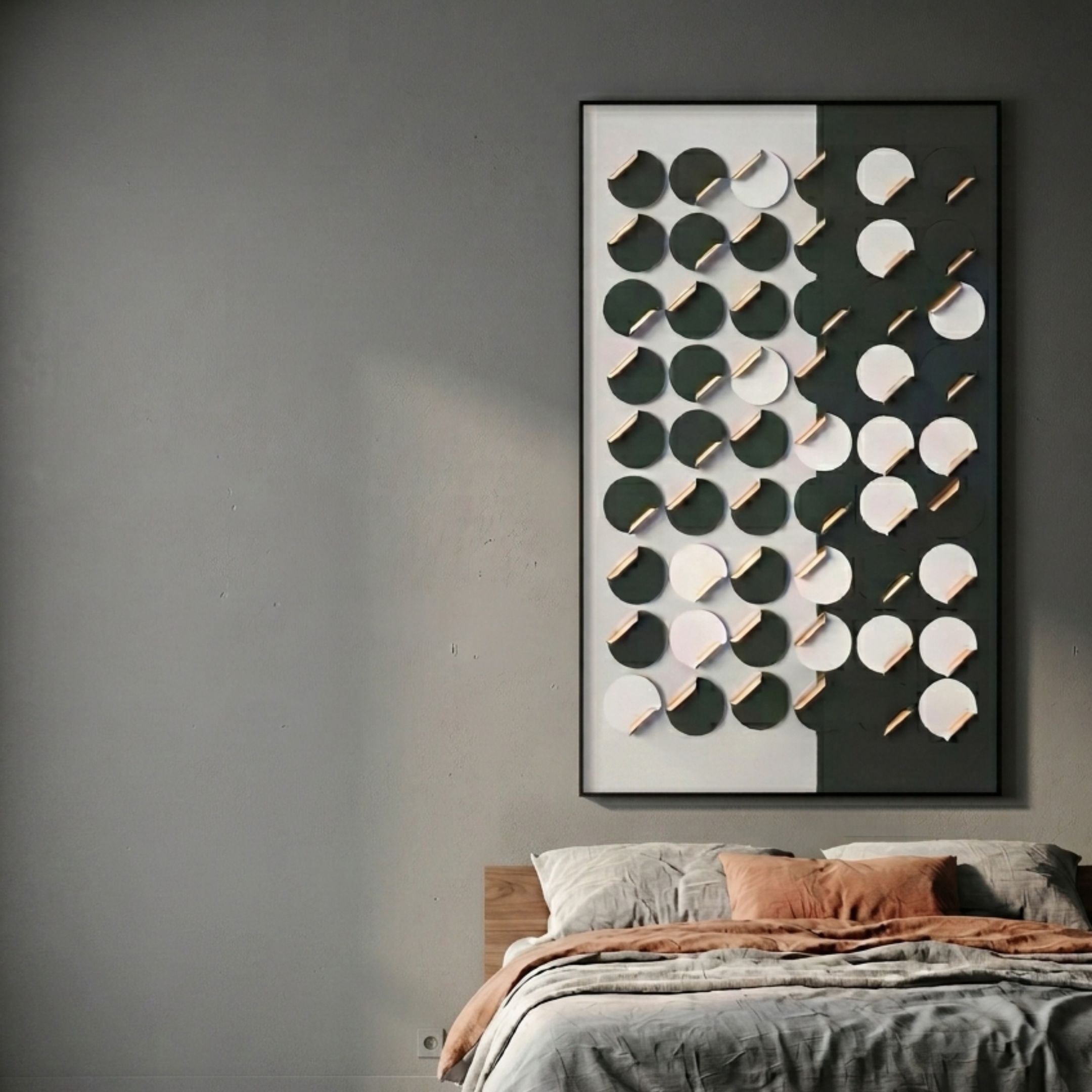 Cirquon White & Green Contrast Leather Curl Disc 3D Wall Art by Giant Sculptures mounted above a bed with grey and terracotta linen against a grey wall.