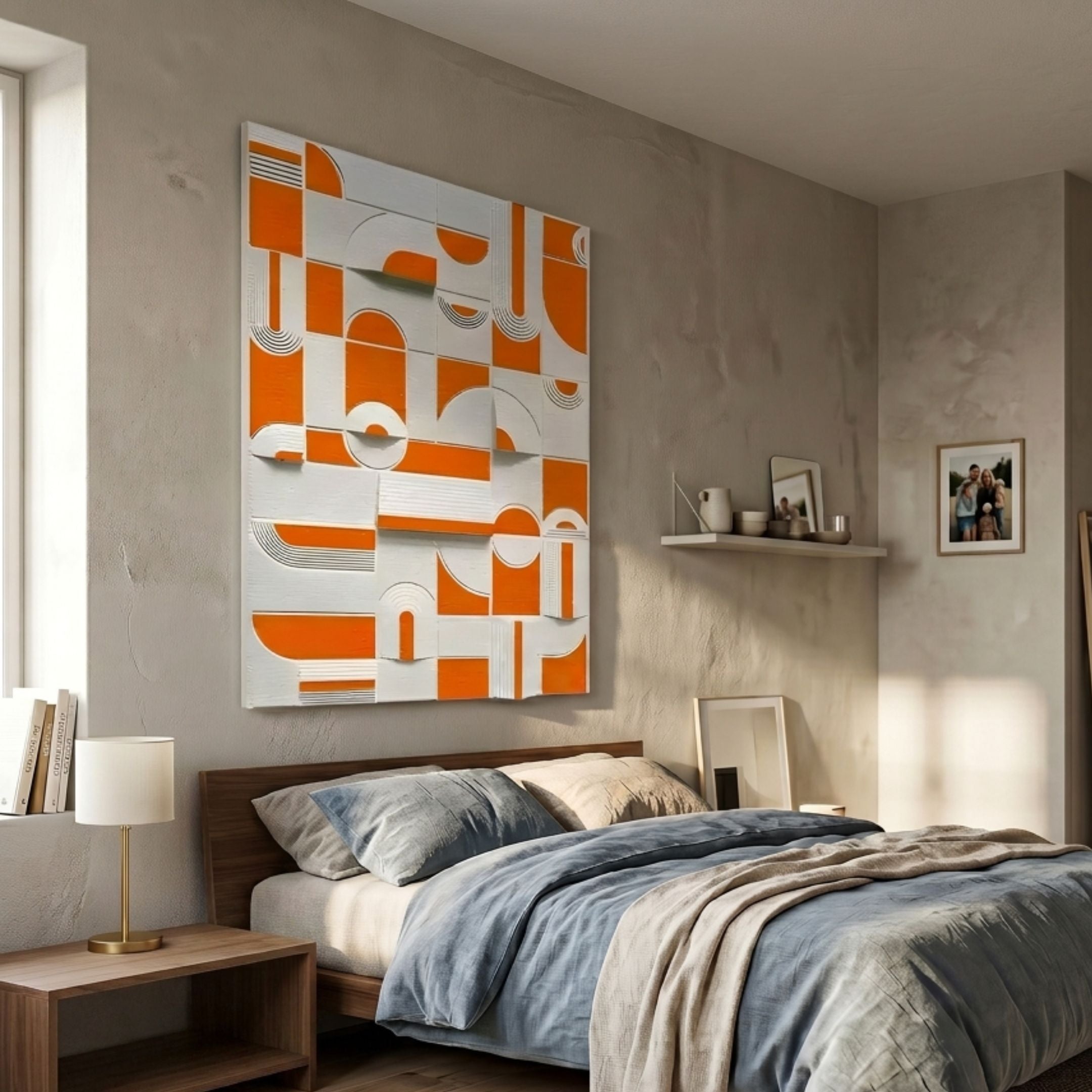 Moduvo Orange & White Geometric 3D Carving Wall Art by Giant Sculptures mounted above a wooden bed with blue and beige linens in a modern bedroom.