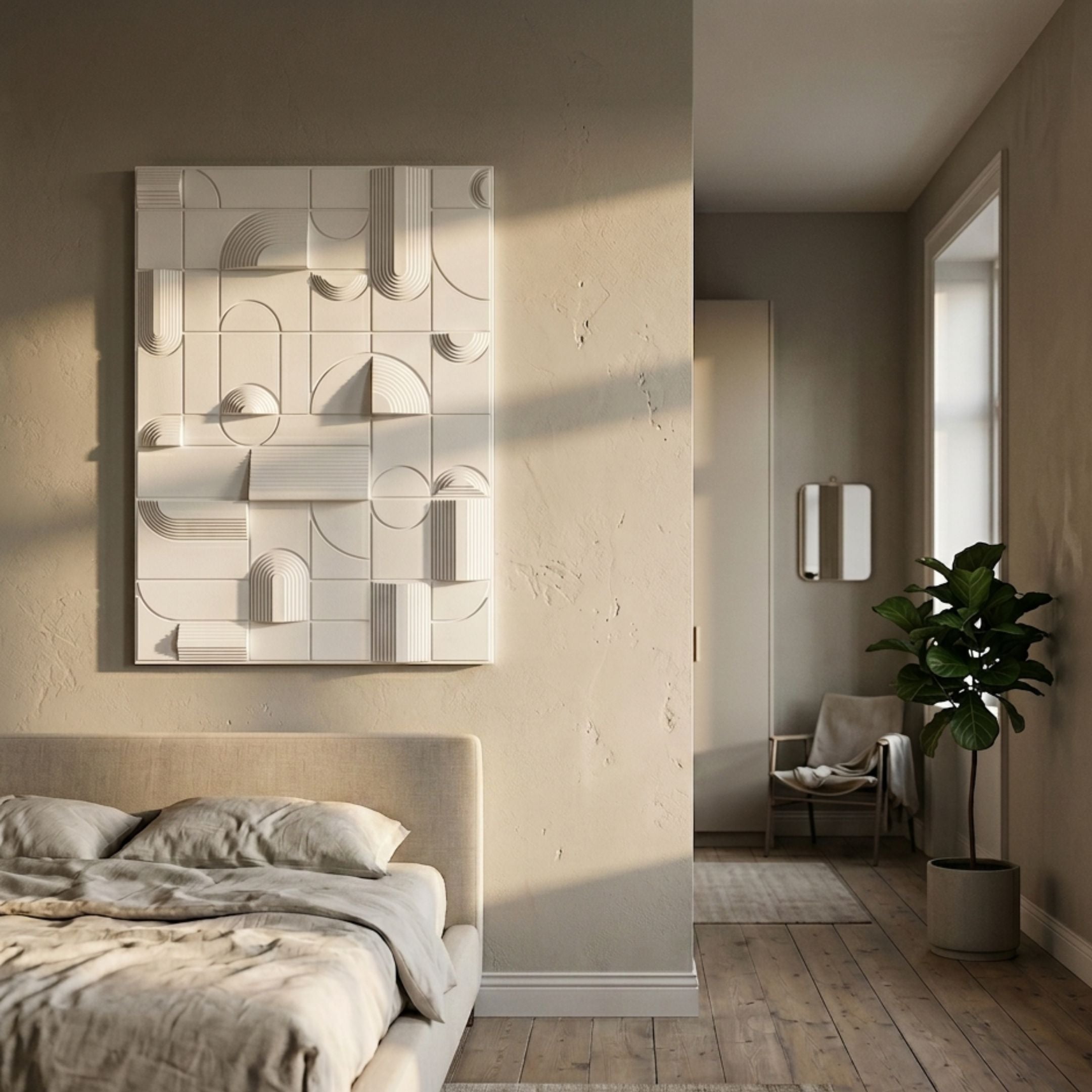 Moduvo White Geometric 3D Carving Wall Art by Giant Sculptures mounted above an upholstered bed in a neutral bedroom with wood floors and a fiddle leaf fig.