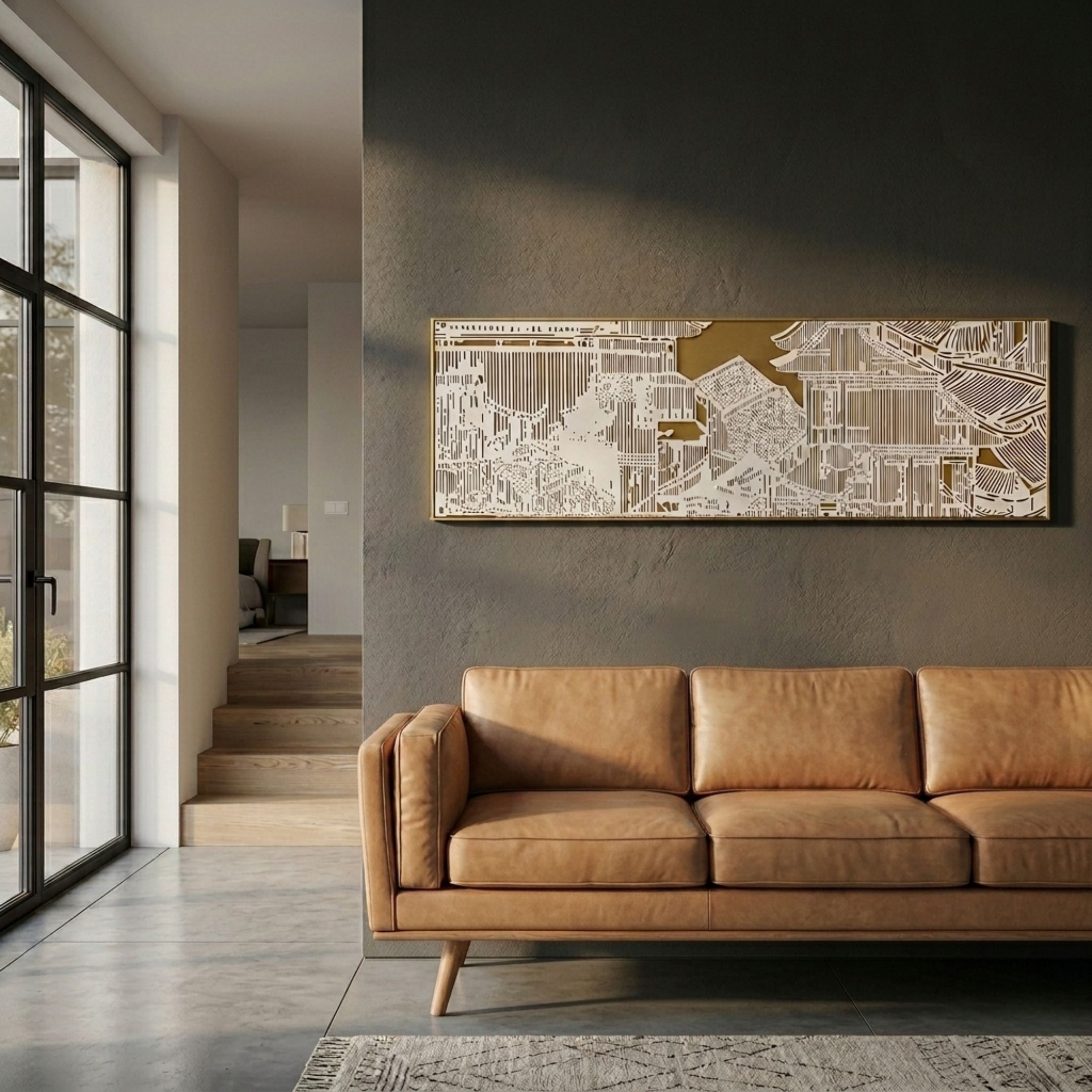 Kinjiro Gold Pagoda Vista 3D Carving Wall Art by Giant Sculptures mounted on a dark grey wall above a tan leather sofa in a sunlit modern living room.