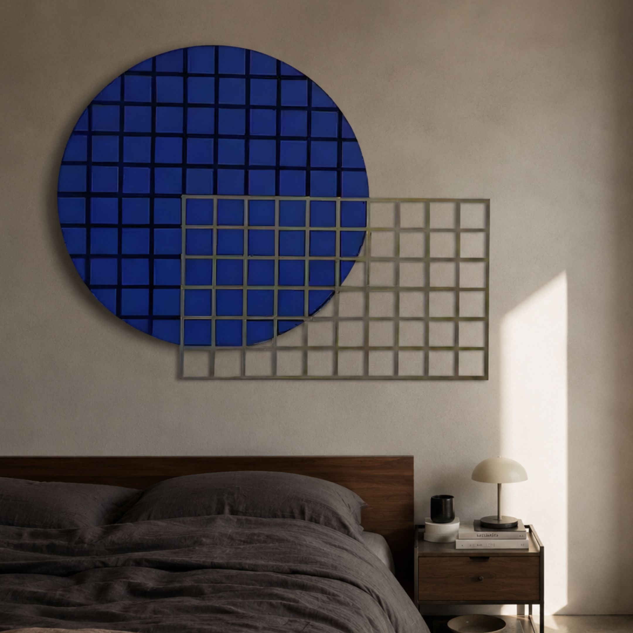 Orivis Sapphire Disc Metal Grid 3D Wall Art by Giant Sculptures, a sapphire-blue disc overlapping a gold grid, mounted above a wooden bed in a bedroom.