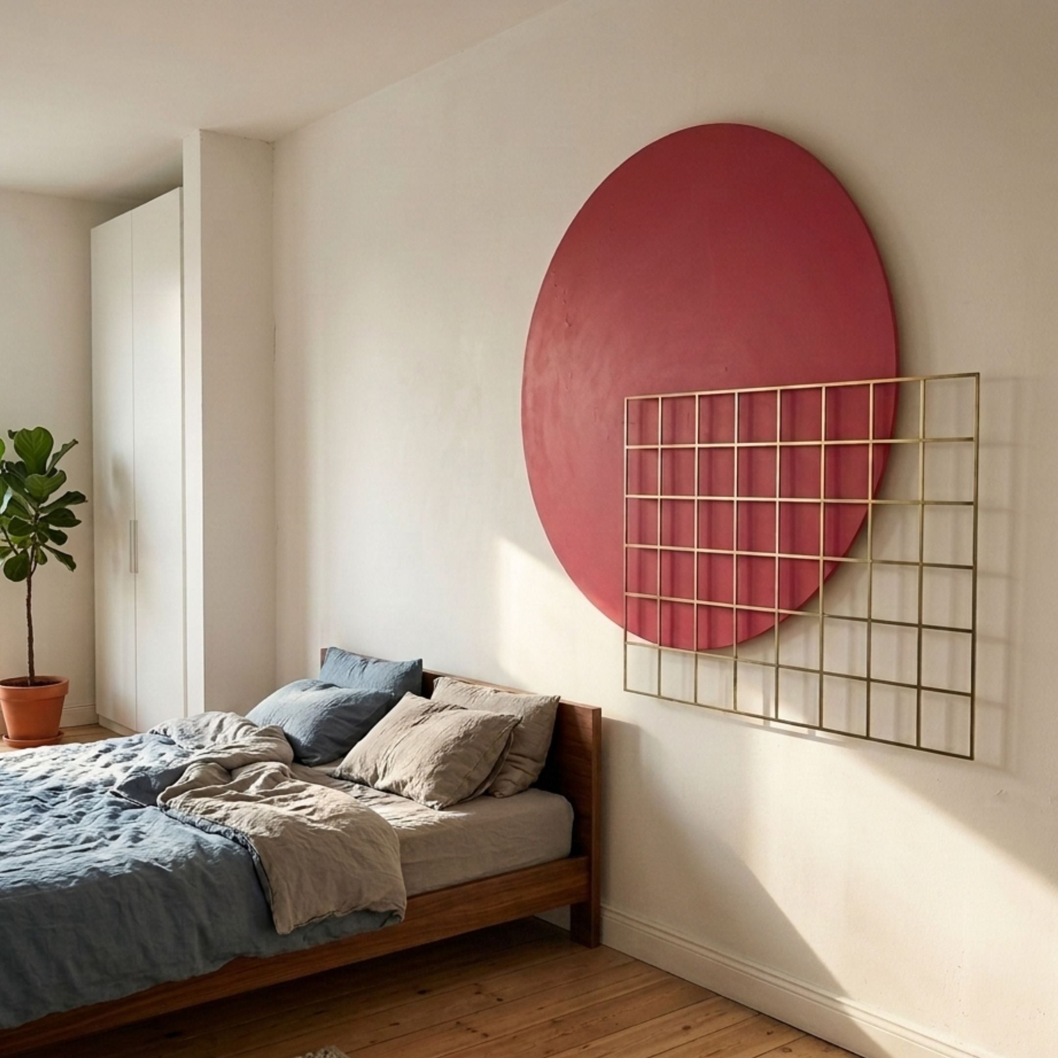 Orivis Crimson Disc Metal Grid 3D Wall Art by Giant Sculptures mounted above a wooden bed with linen bedding, beside a fiddle-leaf fig in a sunlit bedroom.