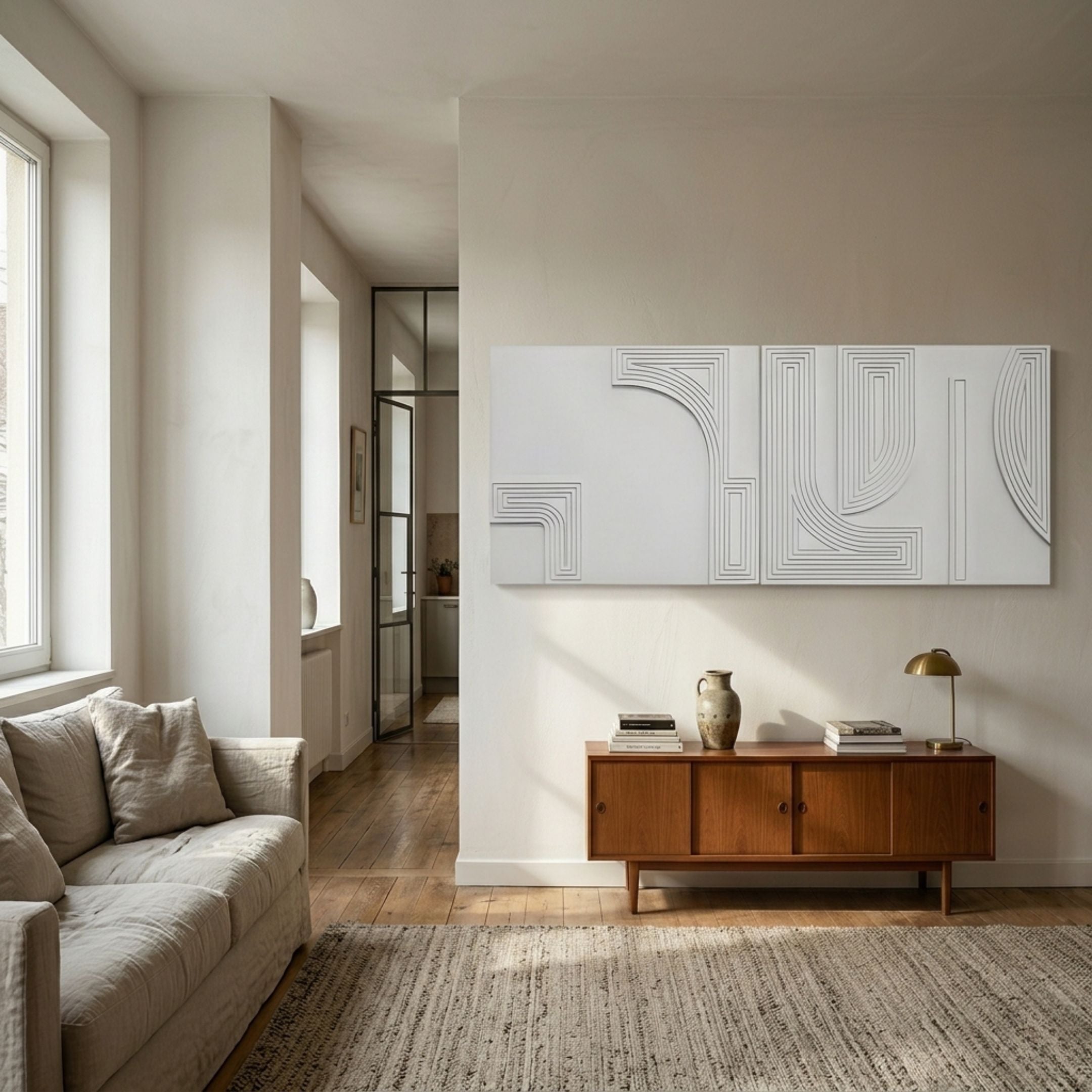 Lineaform Multi-Panel Curve Wood Carving 3D Wall Art in white, mounted above a teak sideboard in a Nordic living room with linen sofa.