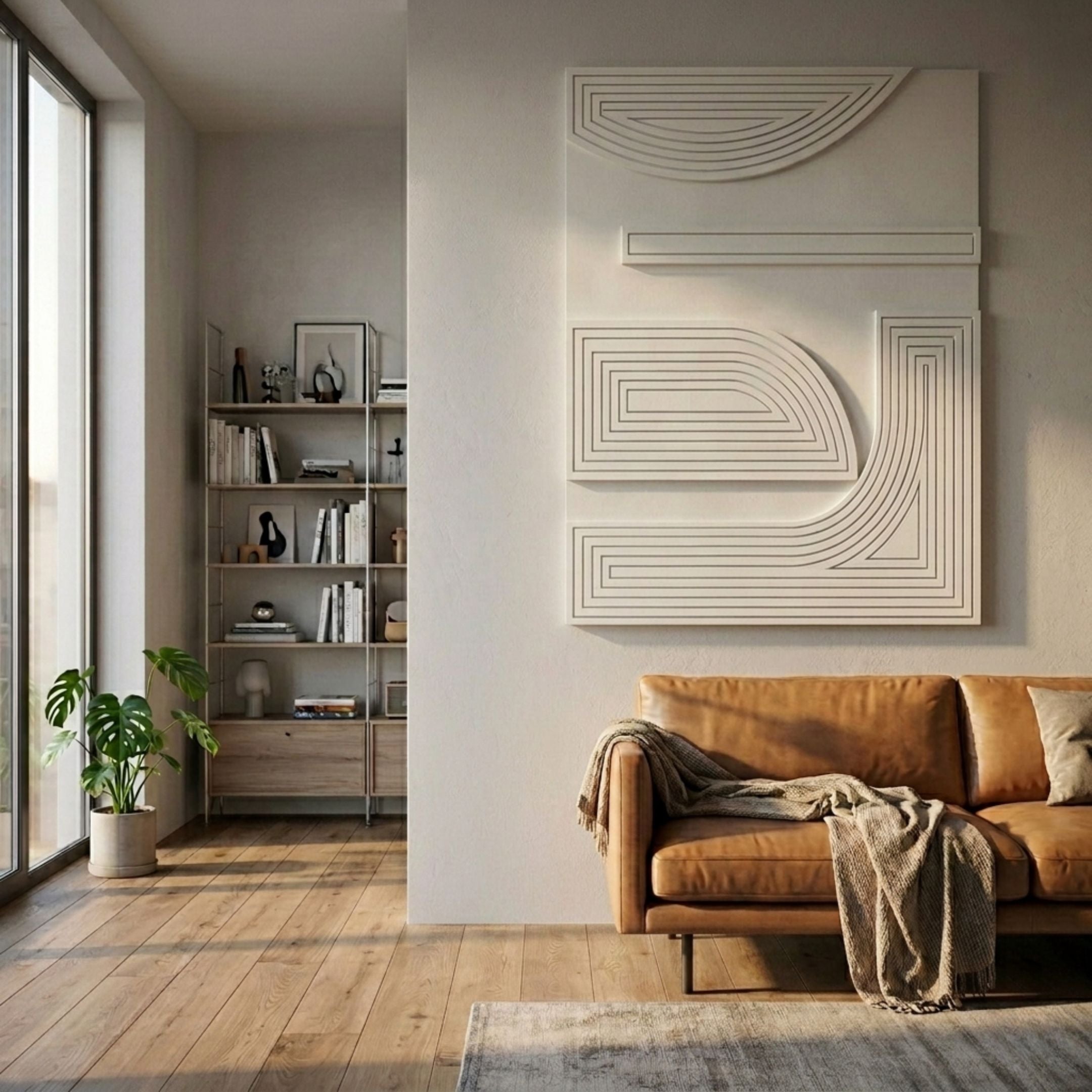 Lineaform Layered Flow Wood Carving 3D Wall Art in white displayed above a tan leather sofa in a Nordic living room with bookshelf and monstera plant.