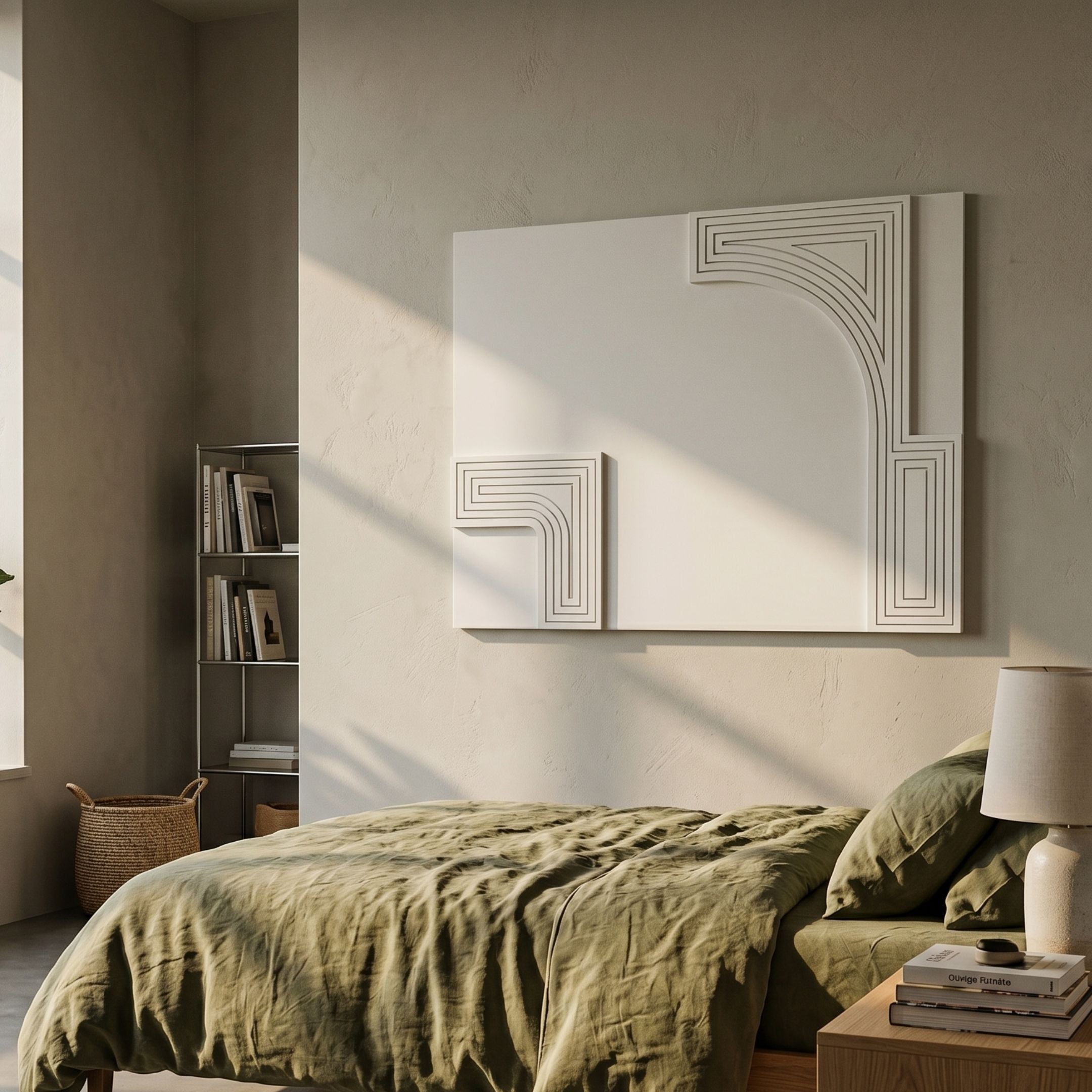 Lineaform Corner Cascade Wood Carving 3D Wall Art by Giant Sculptures mounted above a bed with olive linen, beside a bookshelf and lamp in a sunlit bedroom.