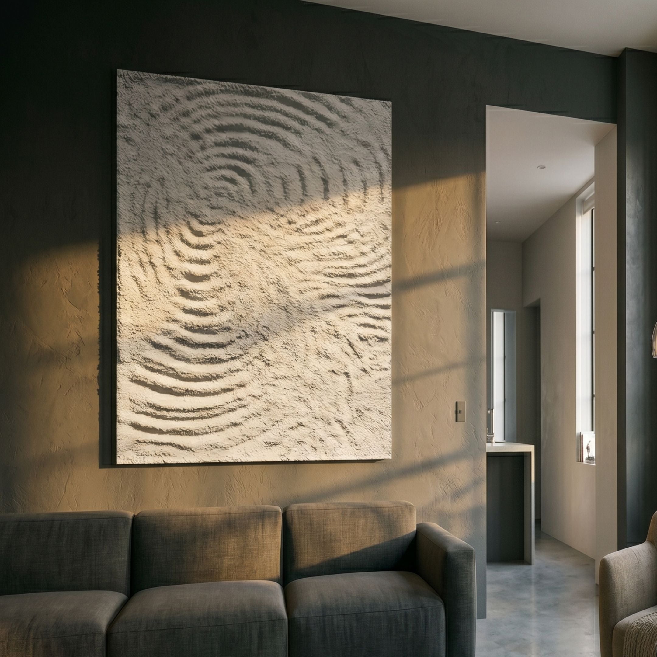 Cavara Ripple Textured White 3D Relief Wall Art by Giant Sculptures displayed above a grey sofa on a dark plaster wall in a sunlit contemporary living room.