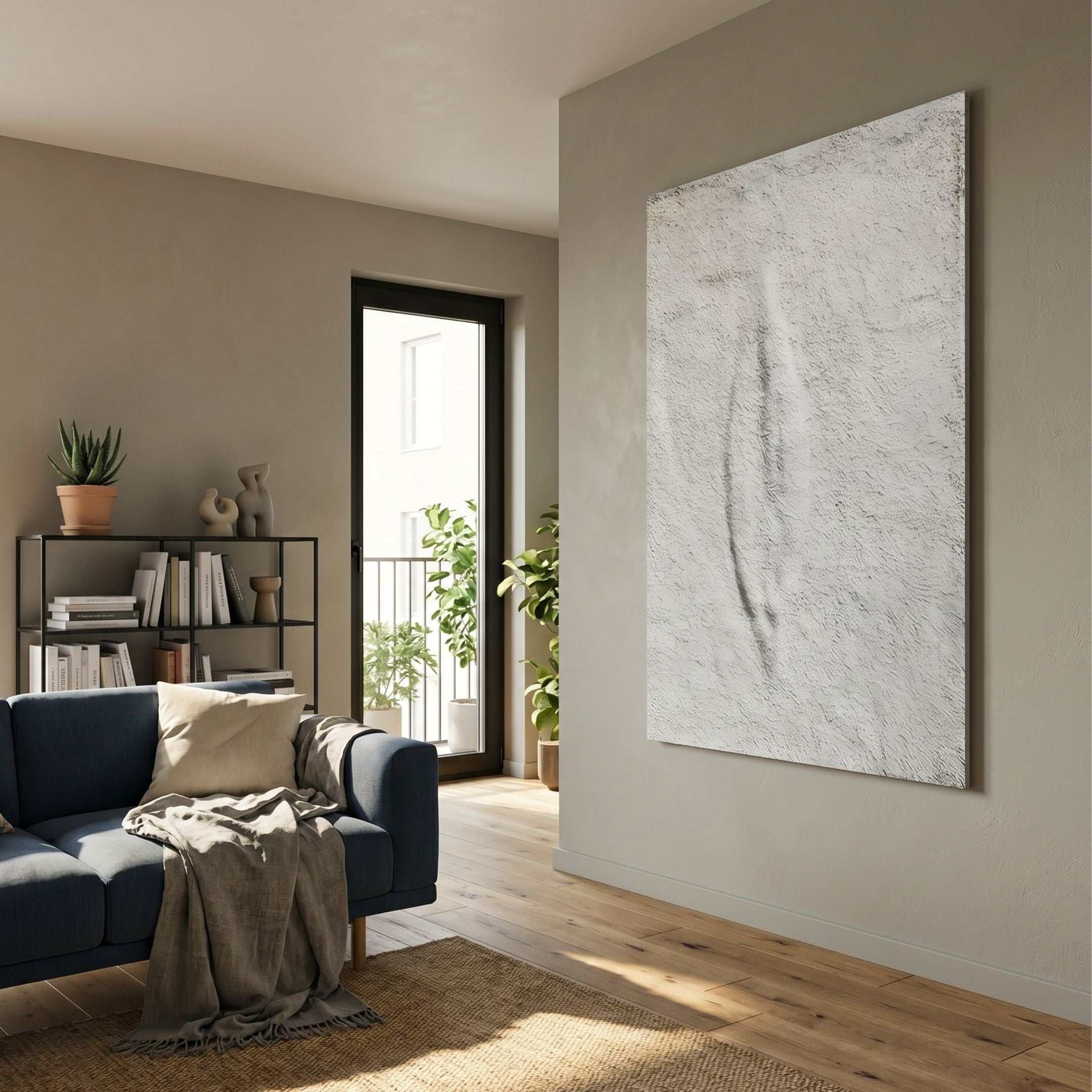 Cavara Leaf Imprint Textured White 3D Relief Wall Art by Giant Sculptures mounted on a beige wall above a blue sofa in a sunlit minimalist living room.