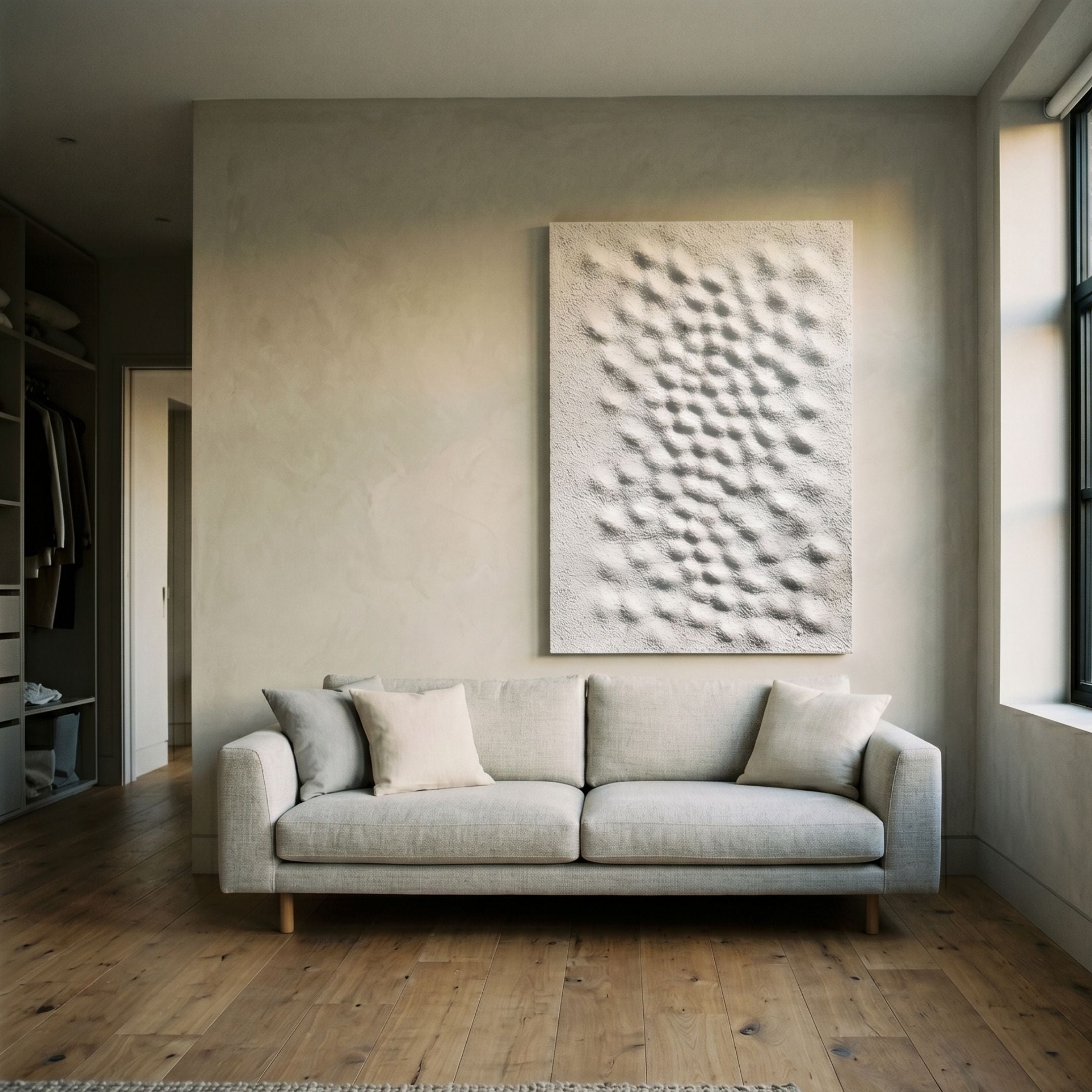 Cavara Echo Textured White 3D Relief Wall Art by Giant Sculptures, mounted above a beige linen sofa in a minimalist living room with wood flooring.