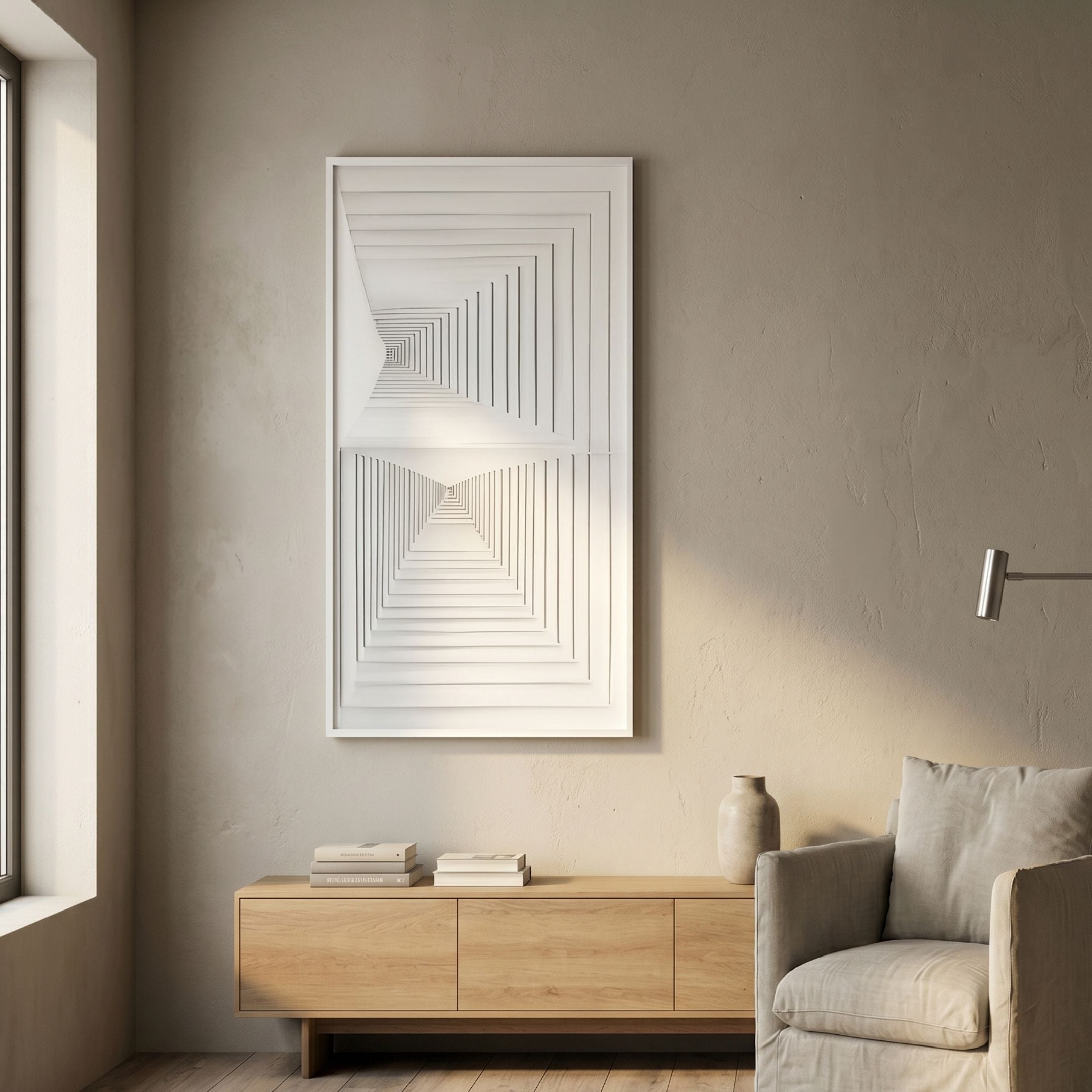 Varelo Vertical Geometric Relief 3D Wall Art by Giant Sculptures displayed above a light oak sideboard in a minimalist beige living room with a linen armchair.