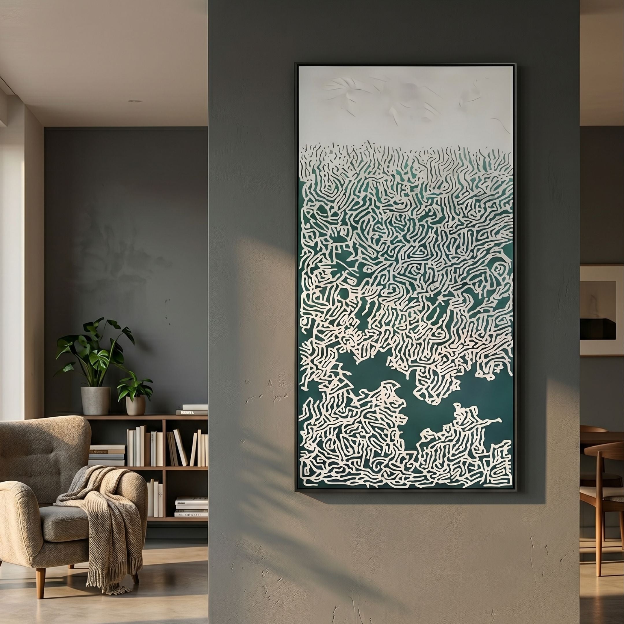 Navara Teal Green Tides 3D Carving Wall Art by Giant Sculptures mounted on a grey wall in a modern living room with an armchair, bookshelf, and plants.