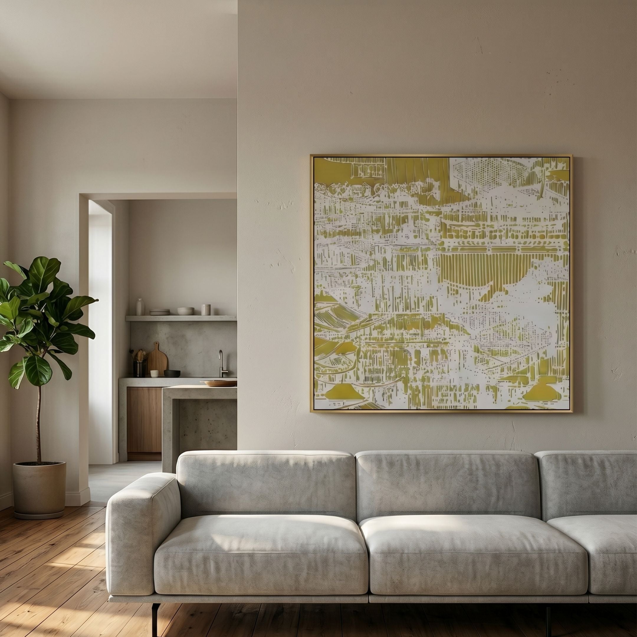 Orienta II Templescape Gold 3D Carving Wall Art by Giant Sculptures displayed above a grey sofa in a minimalist living room with a fiddle leaf fig and kitchen view.