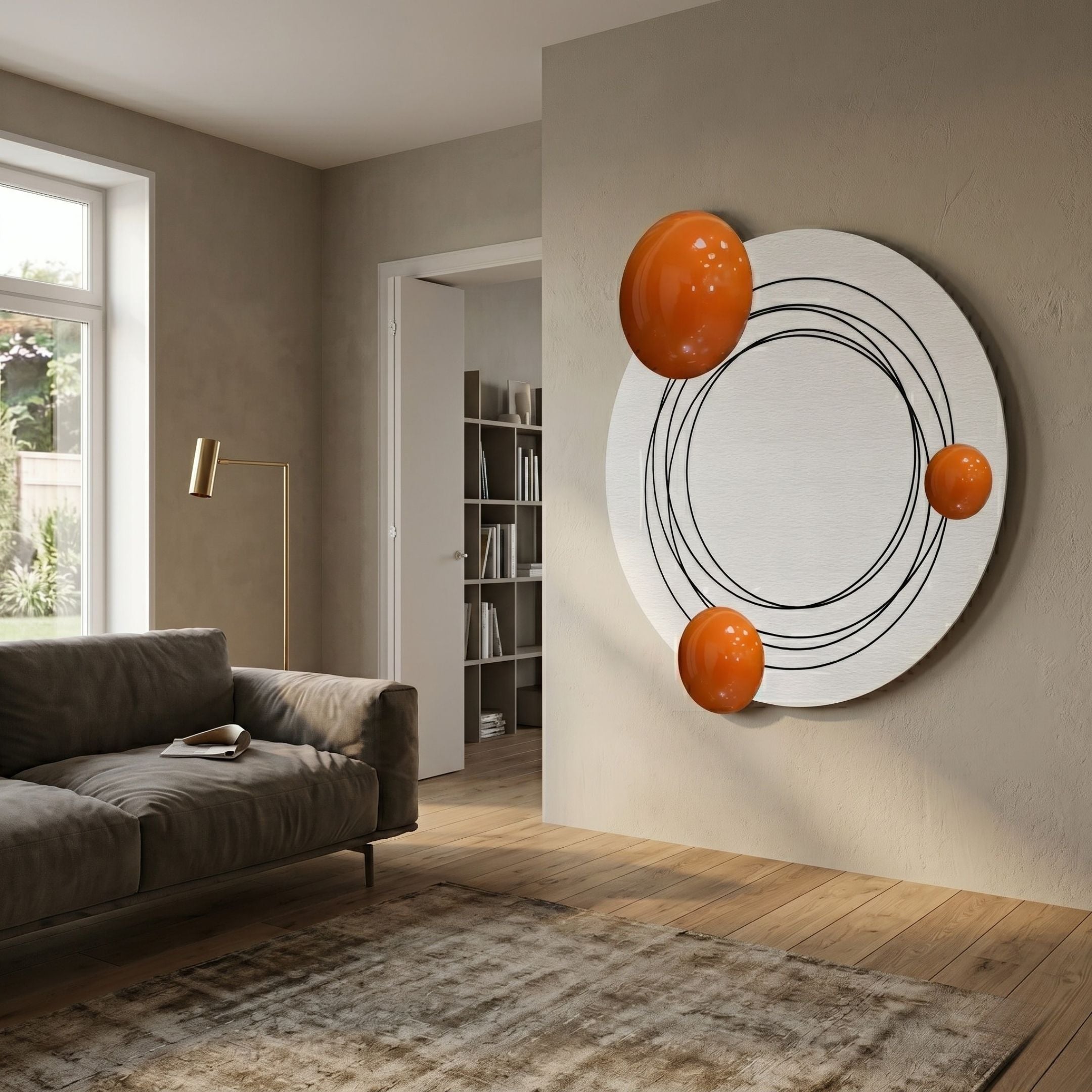 Astryn Orange Orbit Round Textured 3D Wall Art by Giant Sculptures displayed on a beige living room wall above a grey sofa with a brass floor lamp nearby.