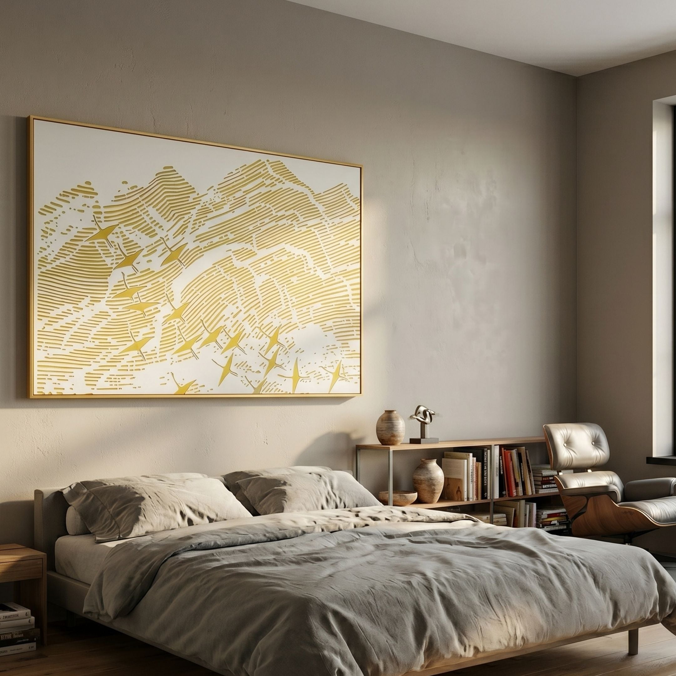 Oravien Golden Flight Birds 3D Textured Wall Art in a gold frame above a grey linen bed, with a bookshelf and Eames-style chair alongside.