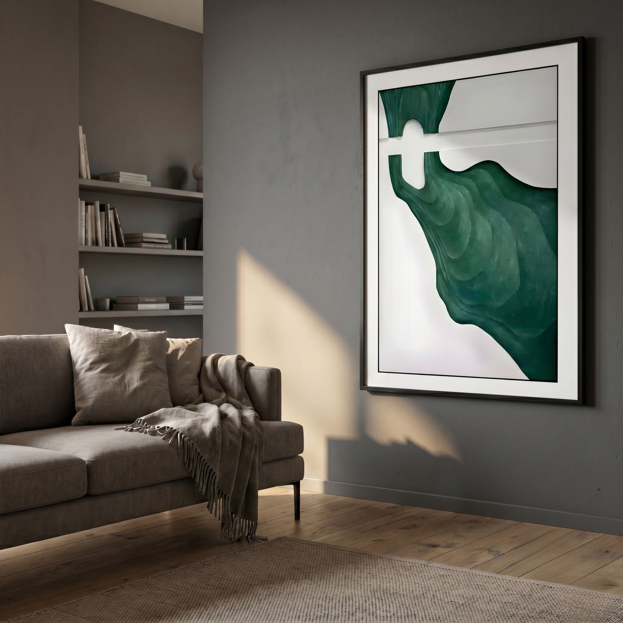 Fluvien Green Flow 3D Carving Wall Art by Giant Sculptures displayed on a grey living room wall above a taupe sofa with throw, beside a bookshelf alcove.