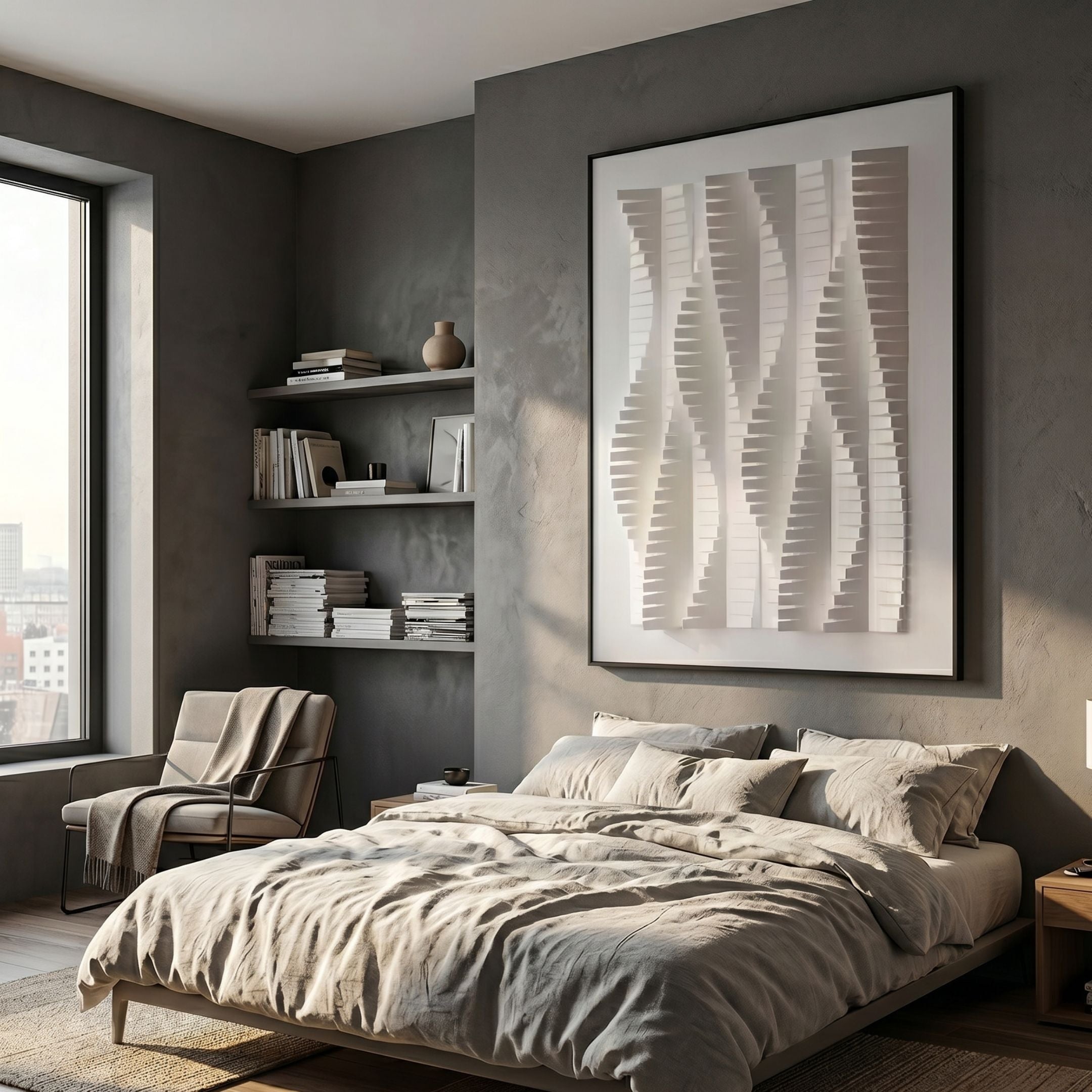 Velistra Dual Curve 3D Relief Wall Art by Giant Sculptures in white, framed above a bed in a grey modern bedroom with shelves, armchair, and window.