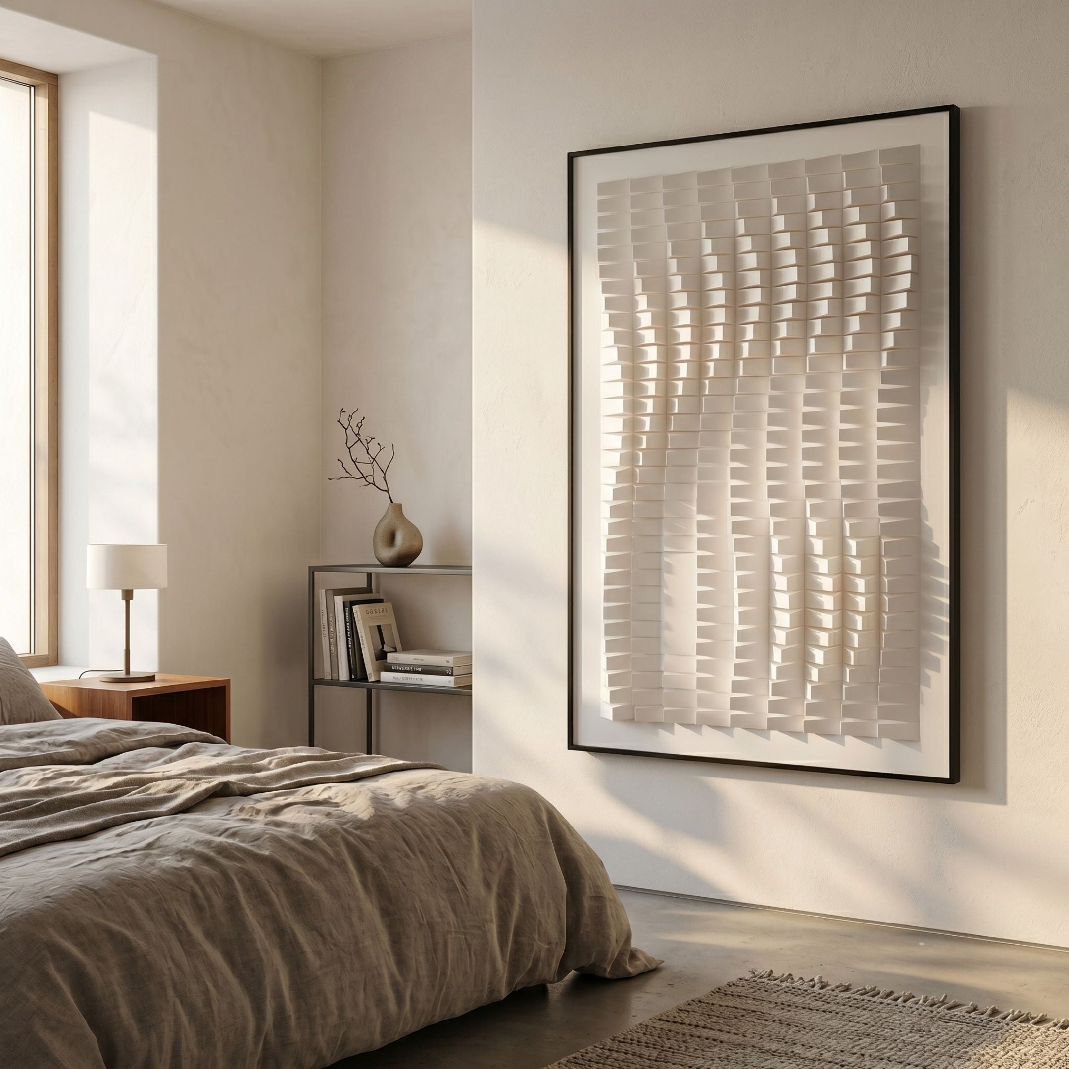 Velistra Vertical Ripple 3D Relief Wall Art by Giant Sculptures, a large white block-grid panel in a black frame, displayed in a minimalist bedroom beside a linen-dressed bed.