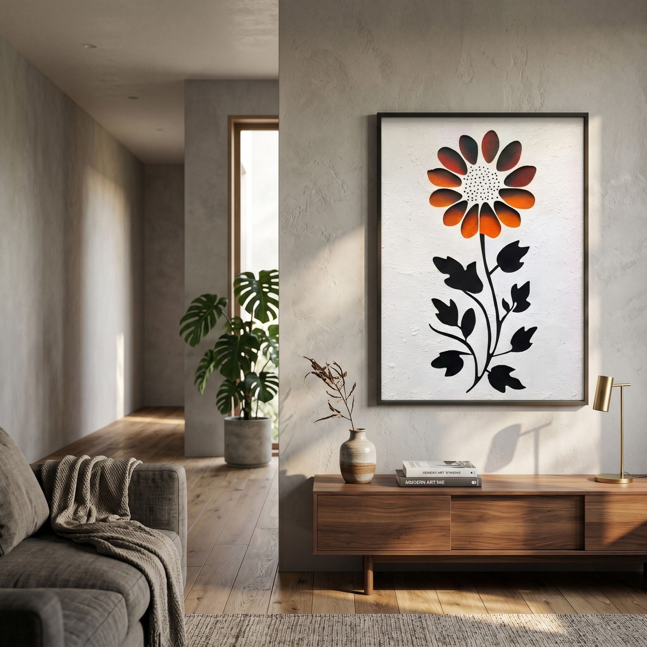 Floraventa Bloom II Floral 3D Carving Wall Art by Giant Sculptures displayed in a modern living room above a walnut sideboard, beside a sofa and monstera plant.