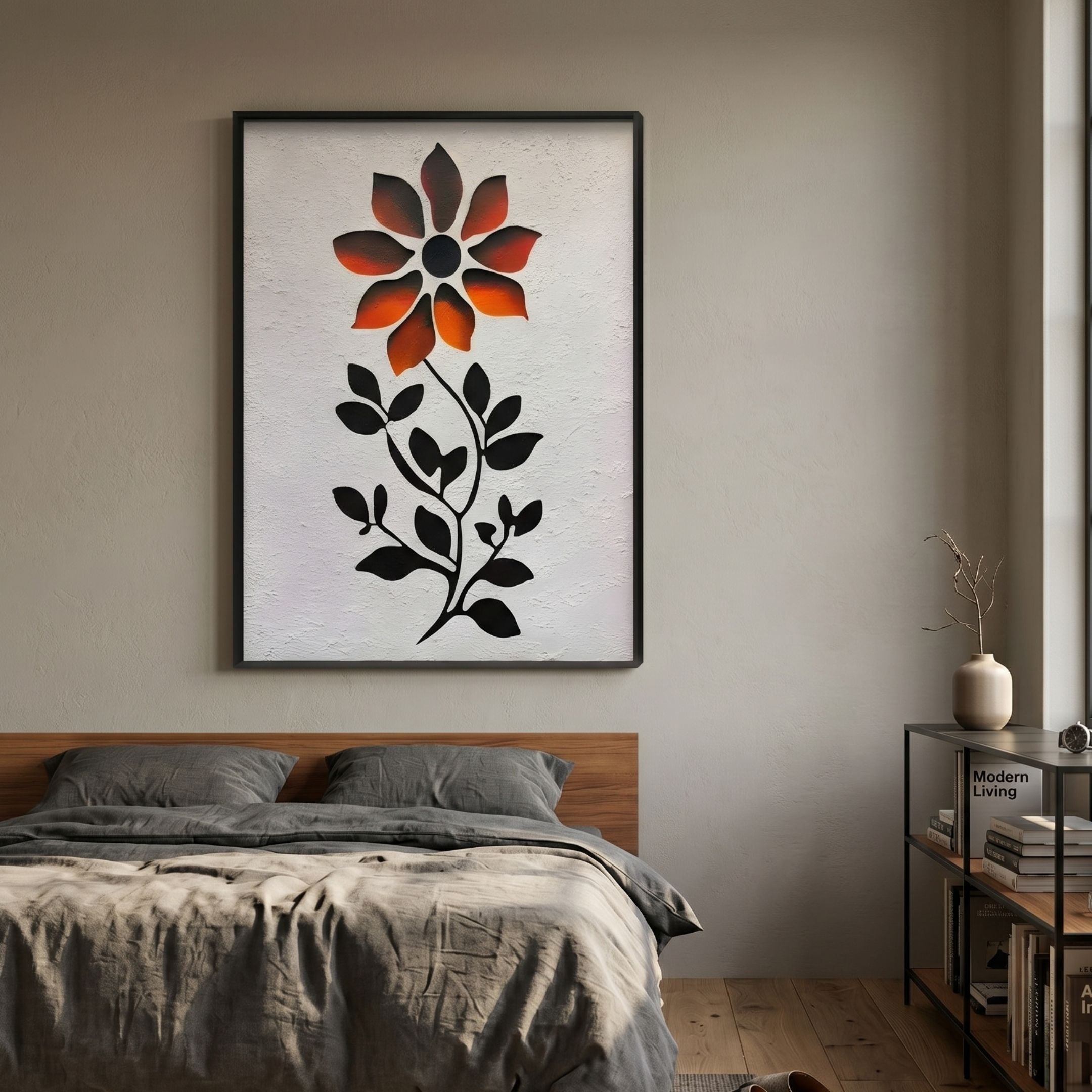 Floraventa Bloom I Floral 3D Carving Wall Art by Giant Sculptures, framed above a wooden bed with grey linens, beside a metal shelf of books and a vase.