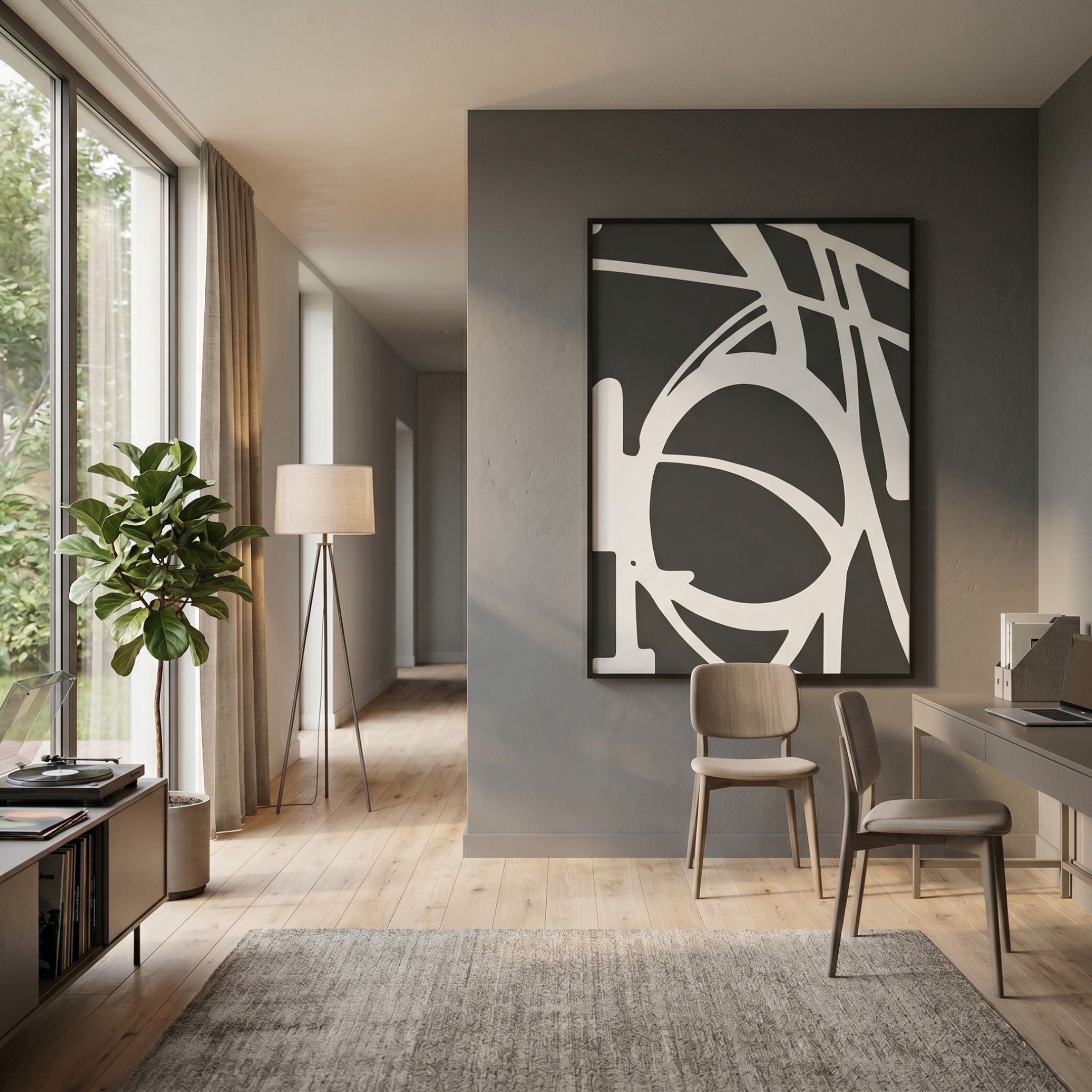 Deralin Charcoal Orbital Abstract 3D Carving Wall Art by Giant Sculptures displayed on a grey wall in a modern home office with desk, chairs, and floor lamp.