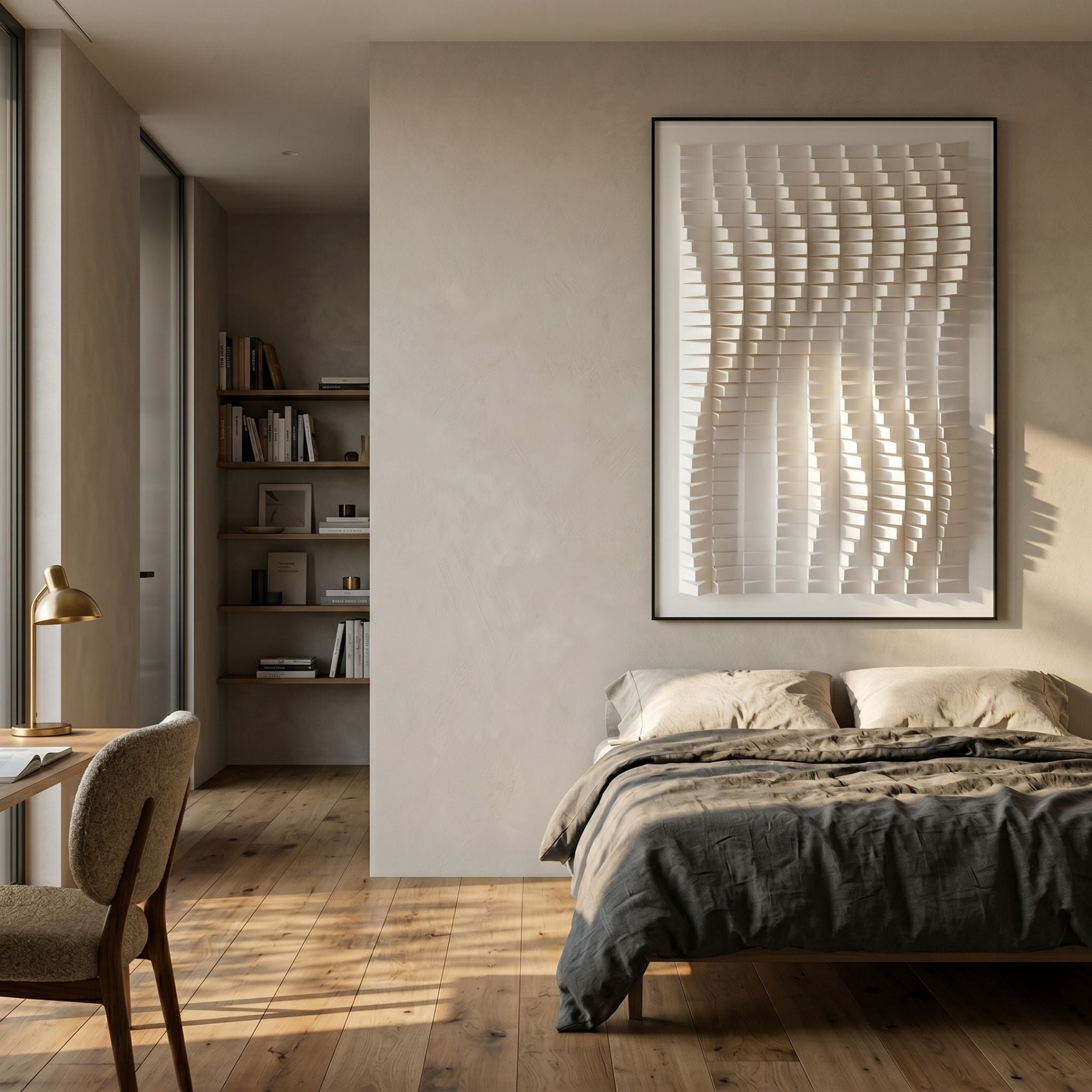 Velistra Modular Drift 3D Relief Wall Art in white, framed above a linen-dressed bed in a minimalist bedroom with wood floors and bookshelves.