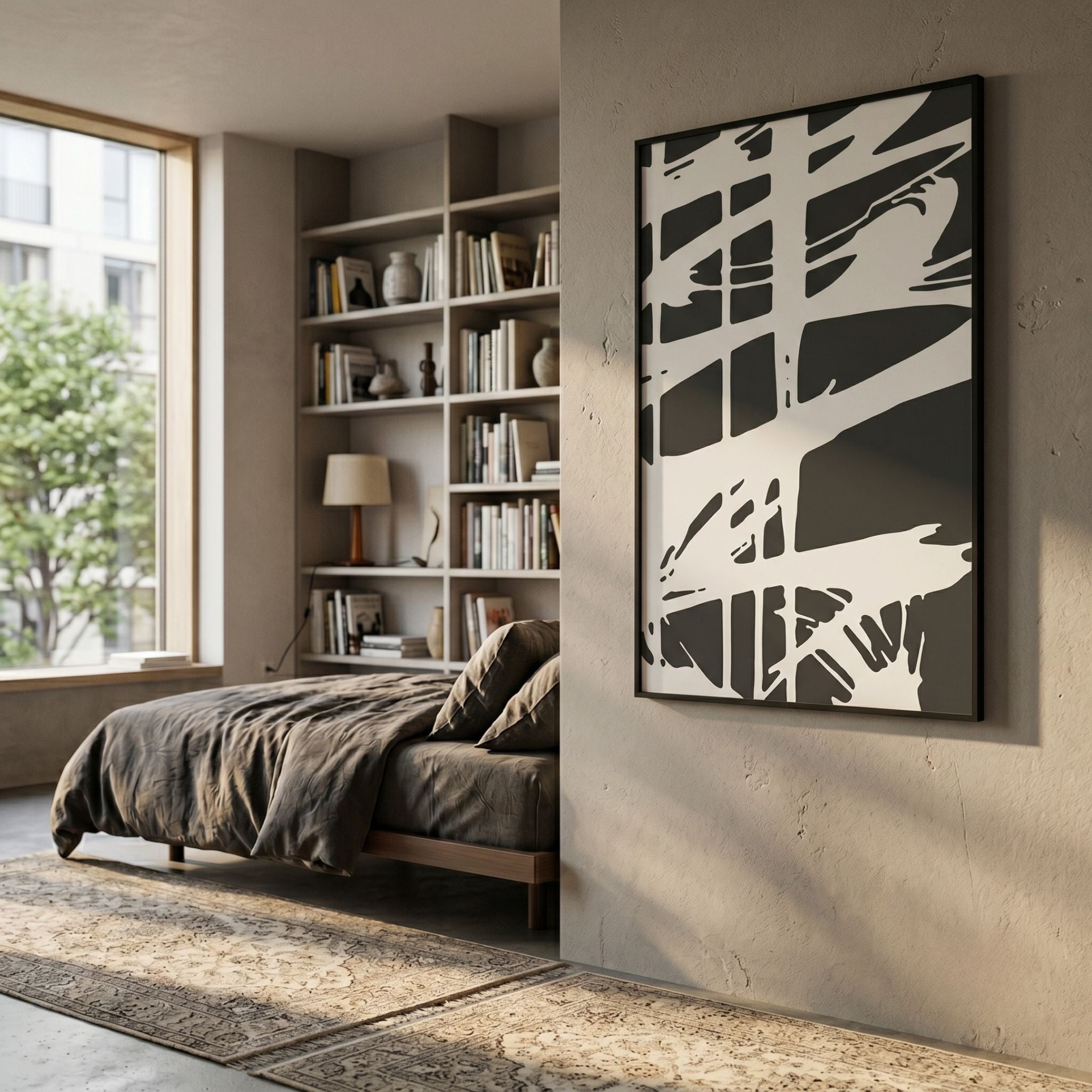 Deralin Charcoal Stroke Abstract 3D Carving Wall Art by Giant Sculptures displayed in a modern bedroom with linen bedding, bookshelves, and a large window.