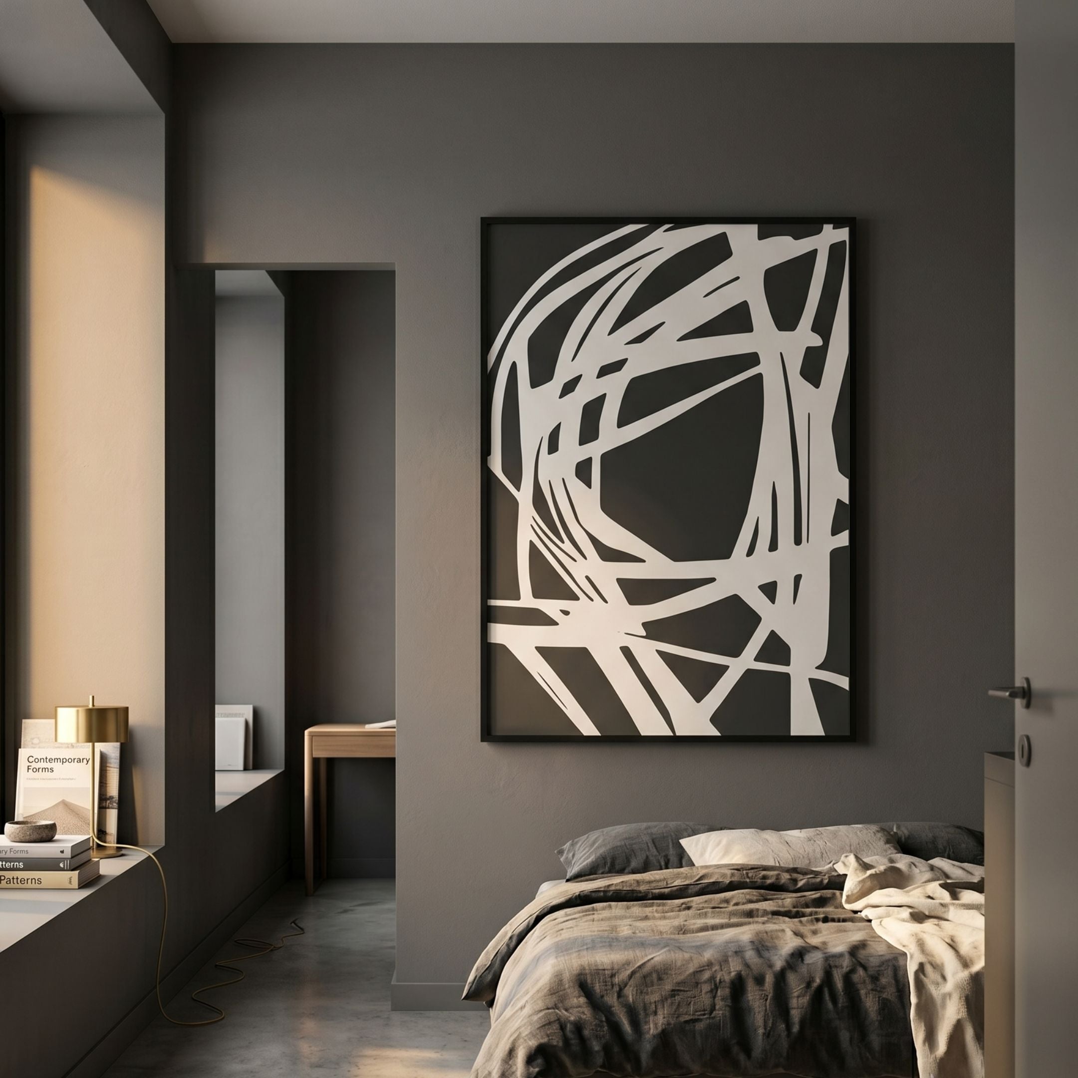 Deralin Charcoal Tangle Abstract 3D Carving Wall Art by Giant Sculptures displayed above a linen-dressed bed in a grey modern bedroom with a tall mirror.