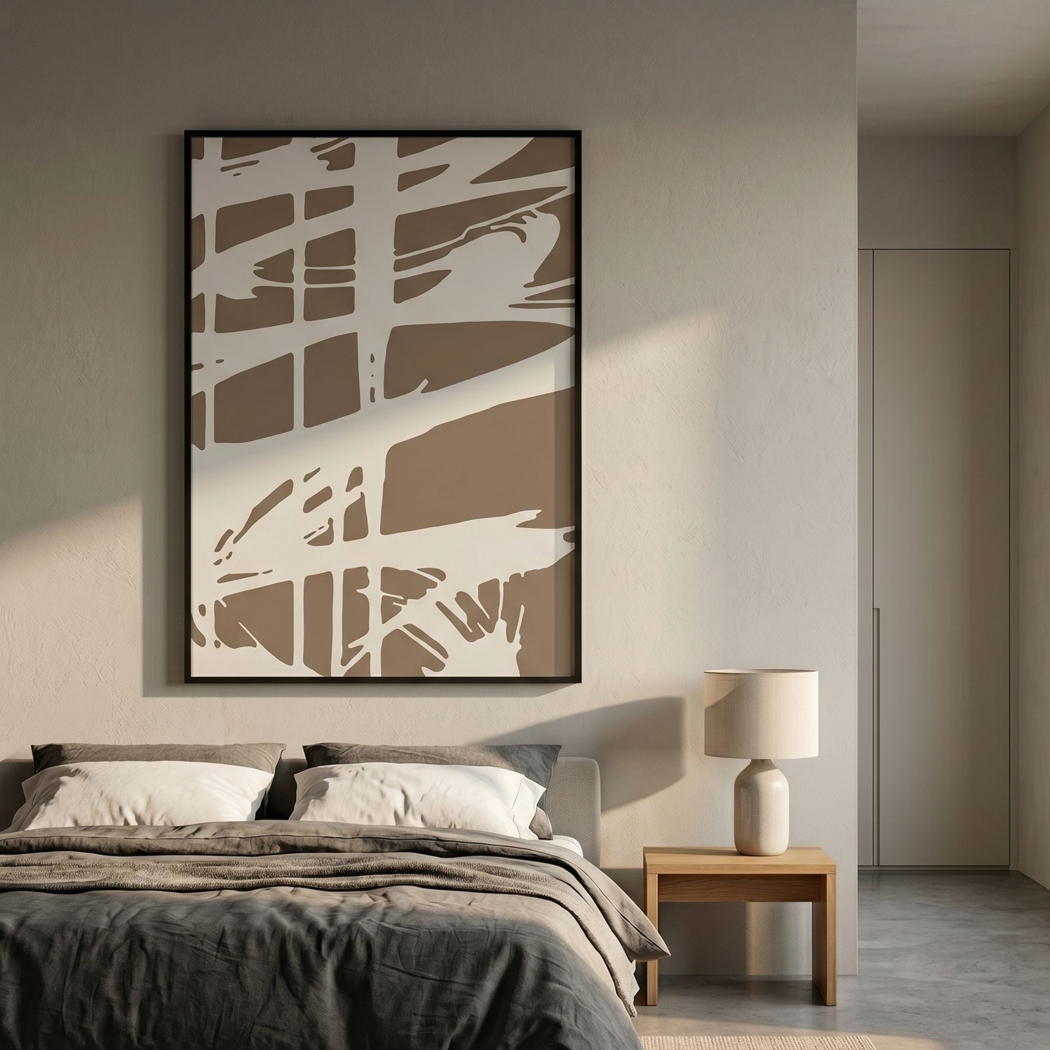 Deralin Mocha Stroke Abstract 3D Carving Wall Art in a black frame above a linen-dressed bed, beside an oak nightstand with a ceramic lamp.
